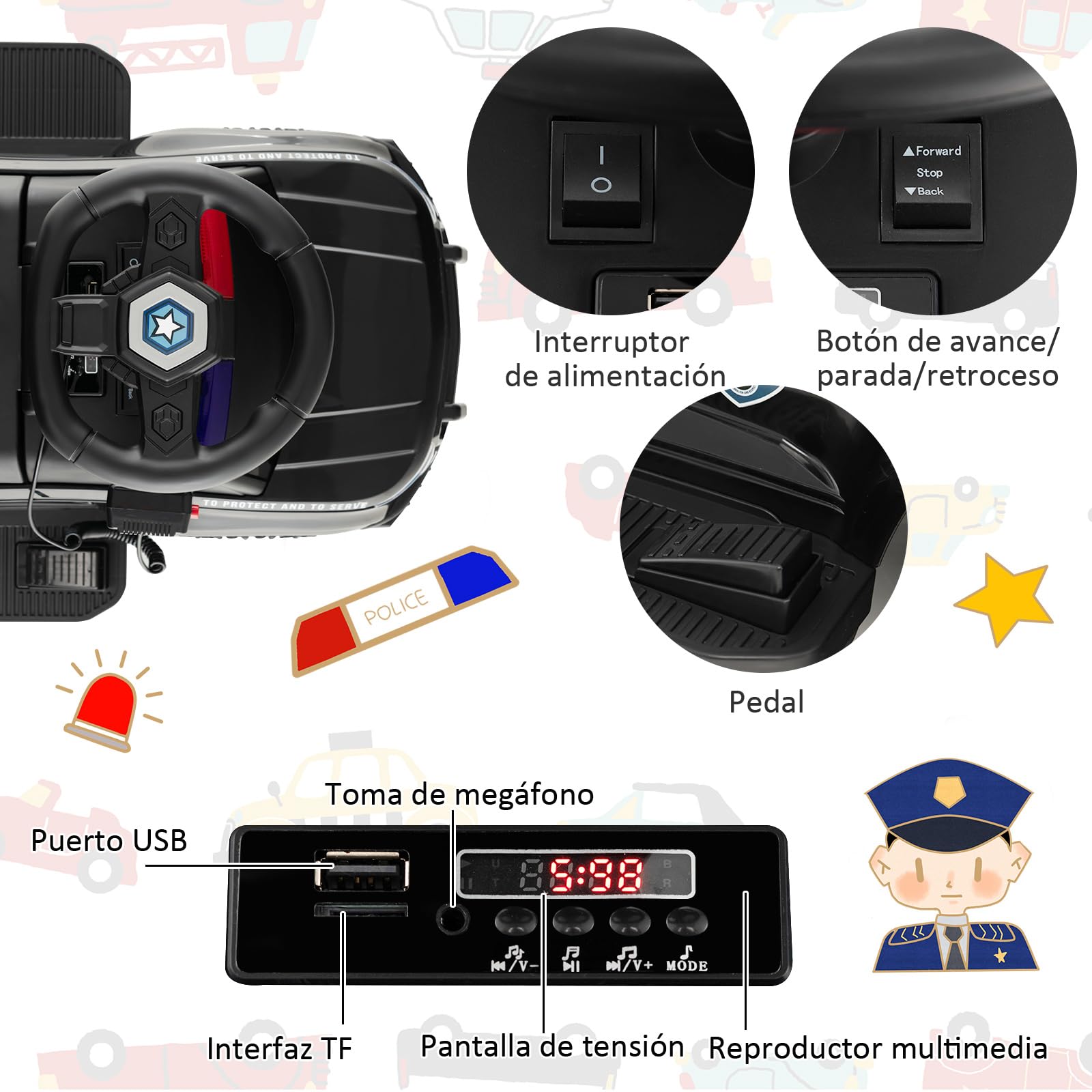 COSTWAY 6V Kids Electric Police Car with Side Megaphone, Horn, Alarm Light & Siren Sound - Wide Footrest Battery-Powered Ride-On Toy Vehicle for Children Ages 1.5-5 Years (Black) | Perfect for Outdoor Play, Birthday Gifts & Pretend Police Adventures