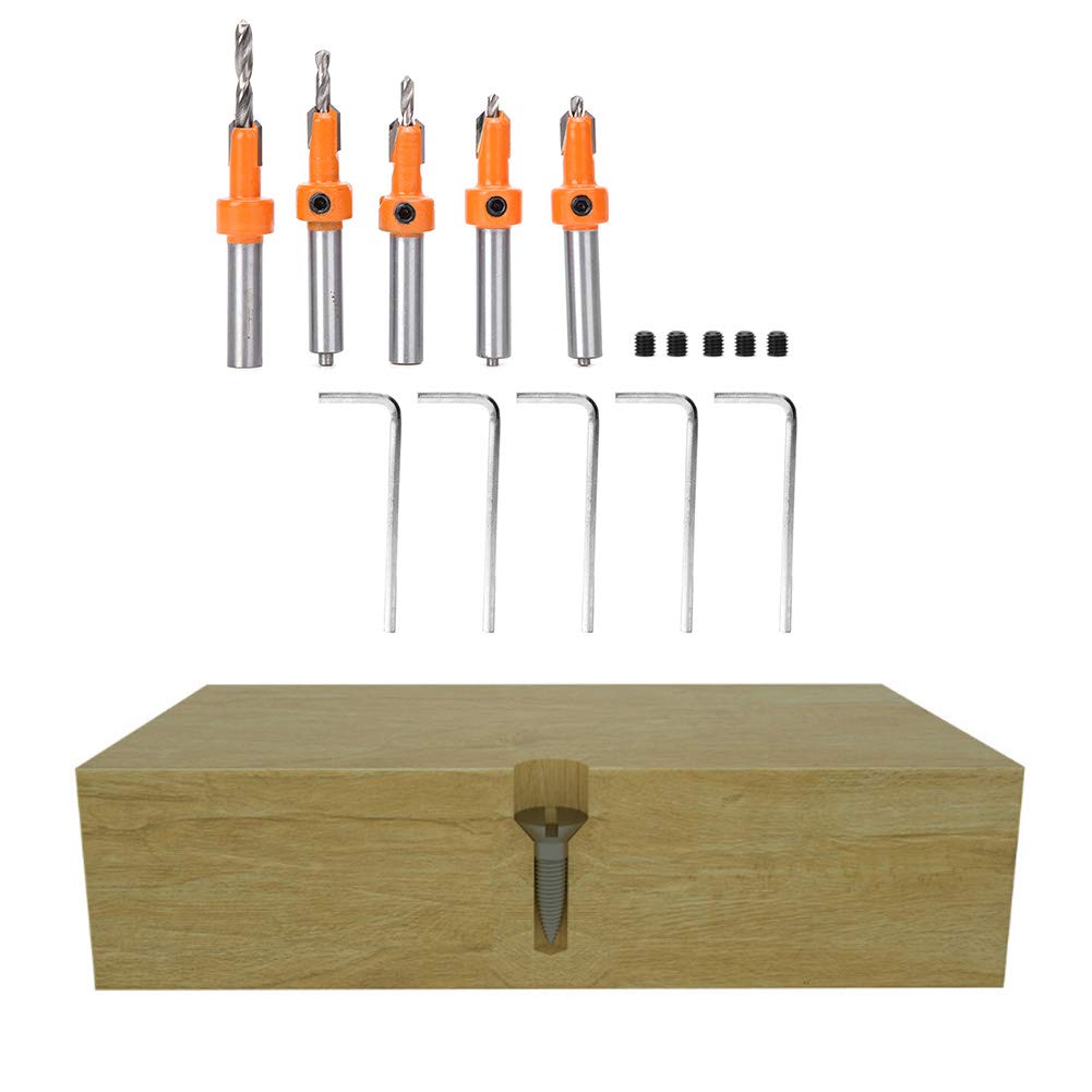 5-Piece Countersink Drill Bit Set - High-Speed Steel Wood Hole Drill Bits with Hex Key Wrenches for Woodworking, Carpentry & DIY Projects | Perfect for Furniture Making, Cabinet Installation & Home Renovation