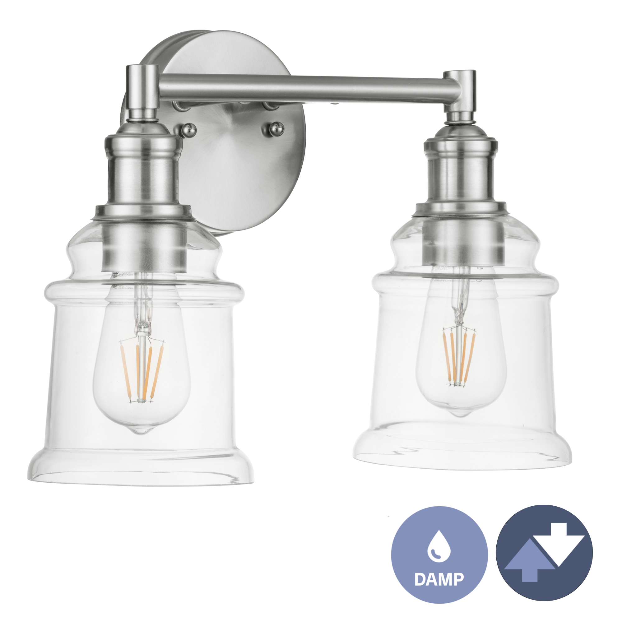 Eaton Ridge 2-Light Brushed Nickel Vanity Light - Modern Bathroom Lighting Fixture for Mirror, Dresser & Makeup Area