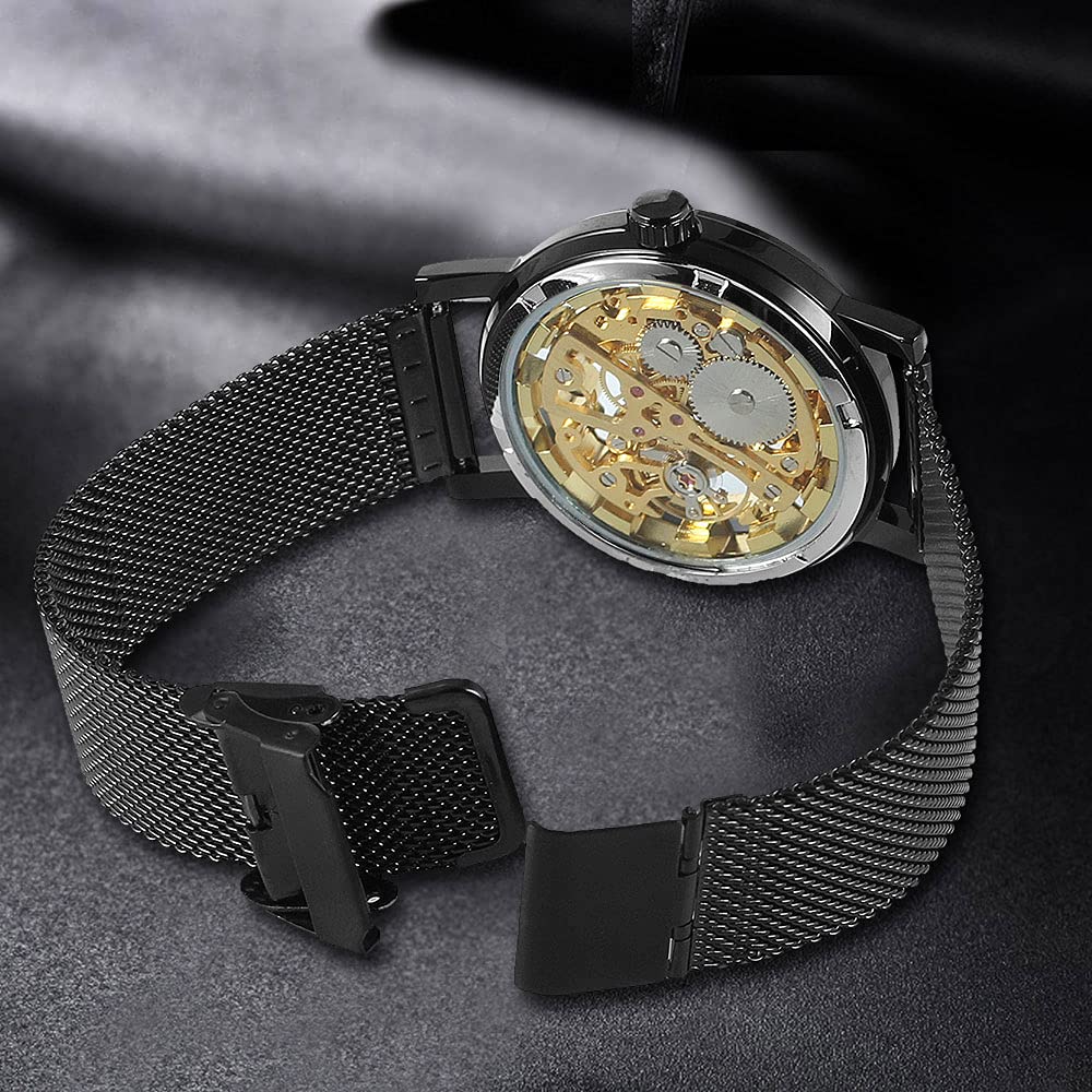 Men's Skeleton Mechanical Watch with Roman Numerals & Mesh Strap - Hand Winding Luminous Waterproof Wristwatch for Business, Casual & Formal Occasions