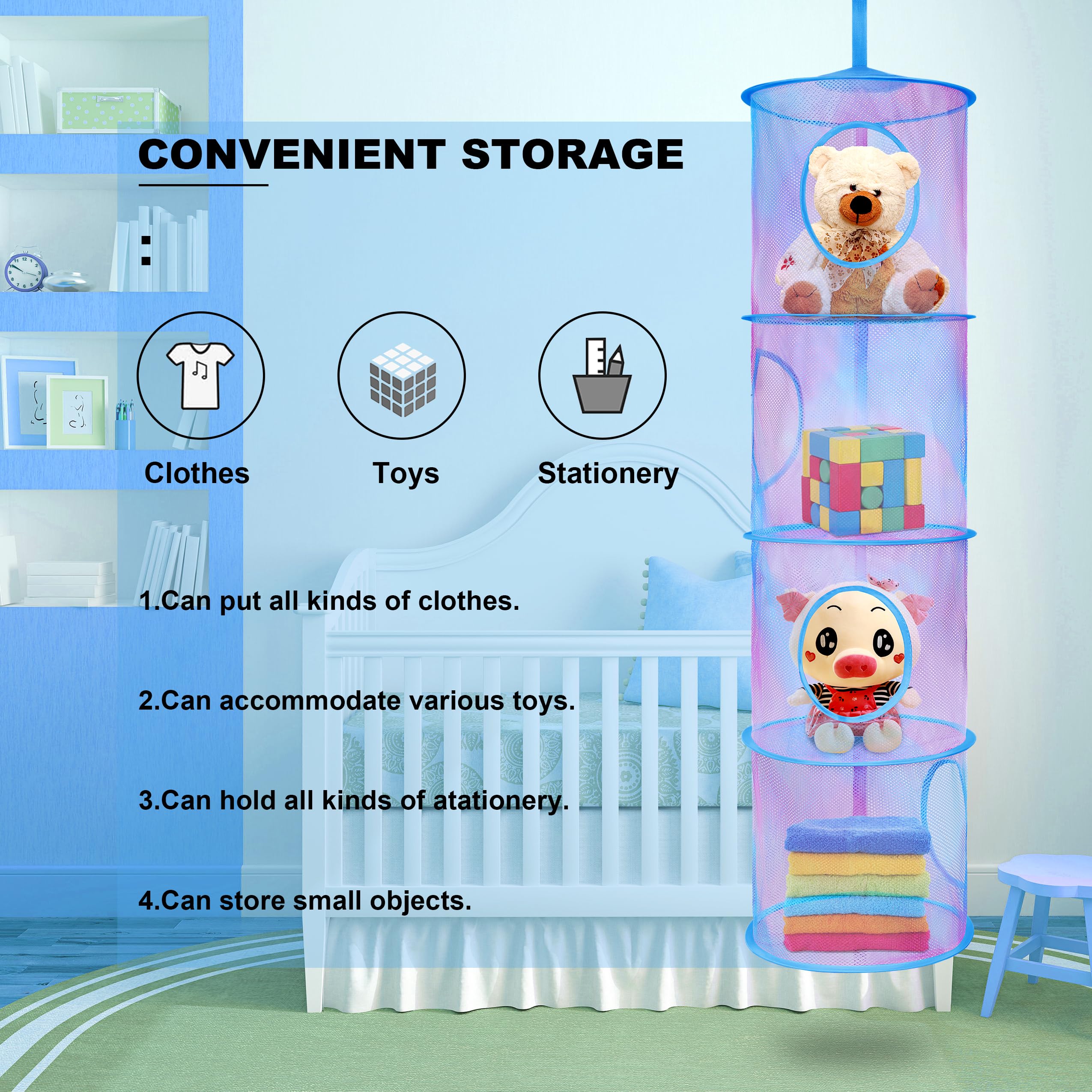 Coastal Rose 2-Pack Foldable Stuffed Animal Storage Net & Toy Hammock Organizer - 4 Compartment Hanging Mesh for Kids Room, Toys, Socks, Gloves & Hats (Pink Blue Tie Dye) - Perfect for Nursery, Playroom & Bedroom Organization