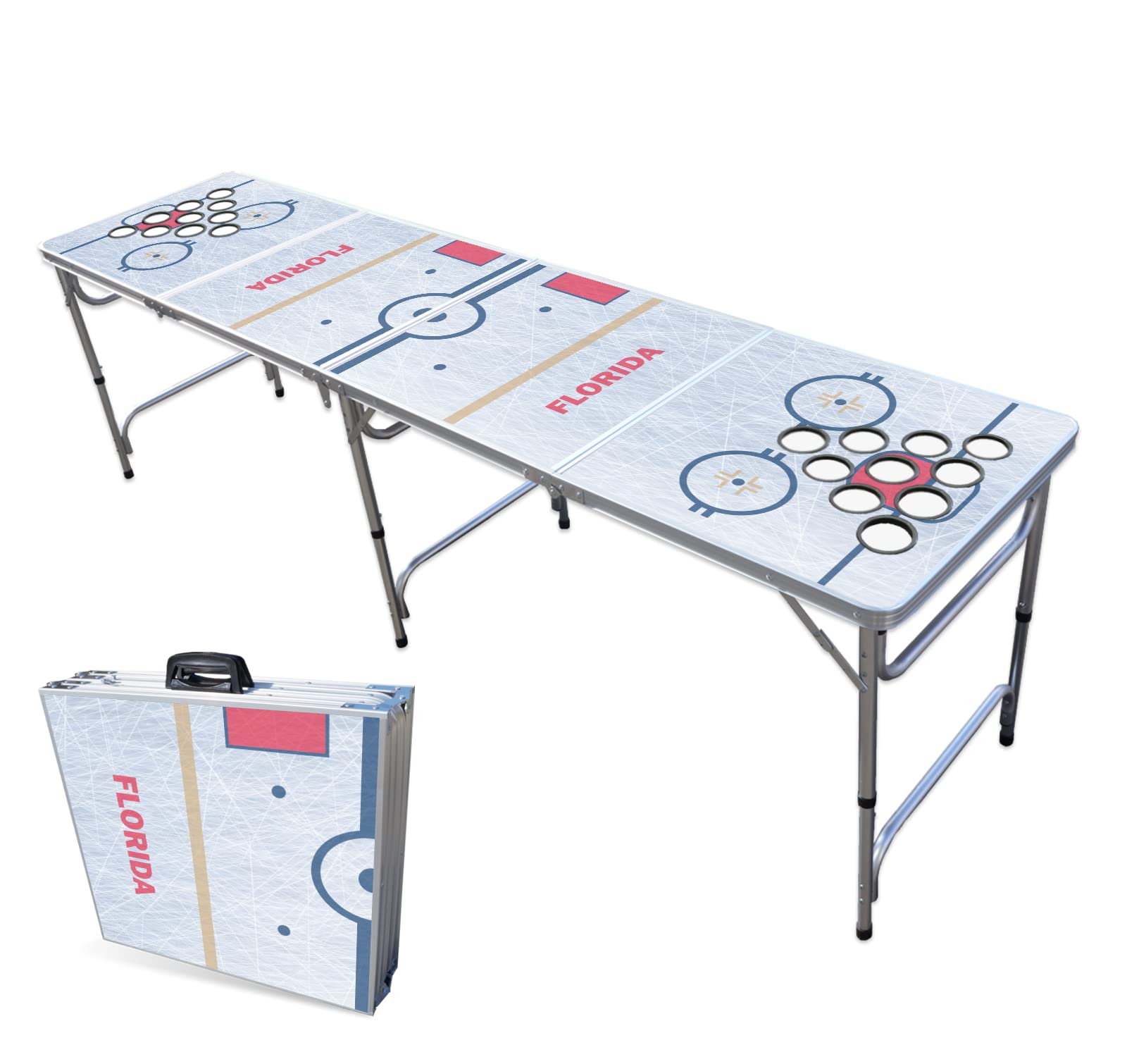 PARTYPONG 8-Foot Folding Portable Beer Pong Table with Optional Cup Holes & LED Lights - Florida Hockey Rink Design (Choose Your Model) - Perfect for College Parties, Tailgating & Outdoor Games