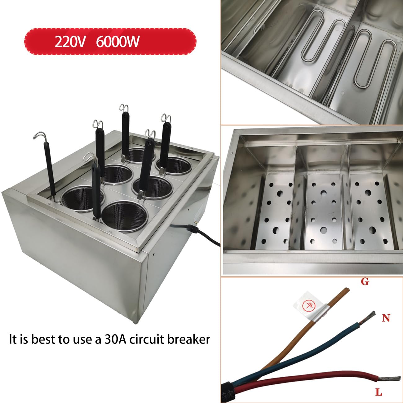 220V 6KW Commercial Electric Pasta Cooker Machine with 6 Noodle Filters - Multifunctional Pasta Warmer for Cooking Dumplings, Noodles & Vegetables (30-110℃) - Perfect for Restaurants, Catering & Food Trucks