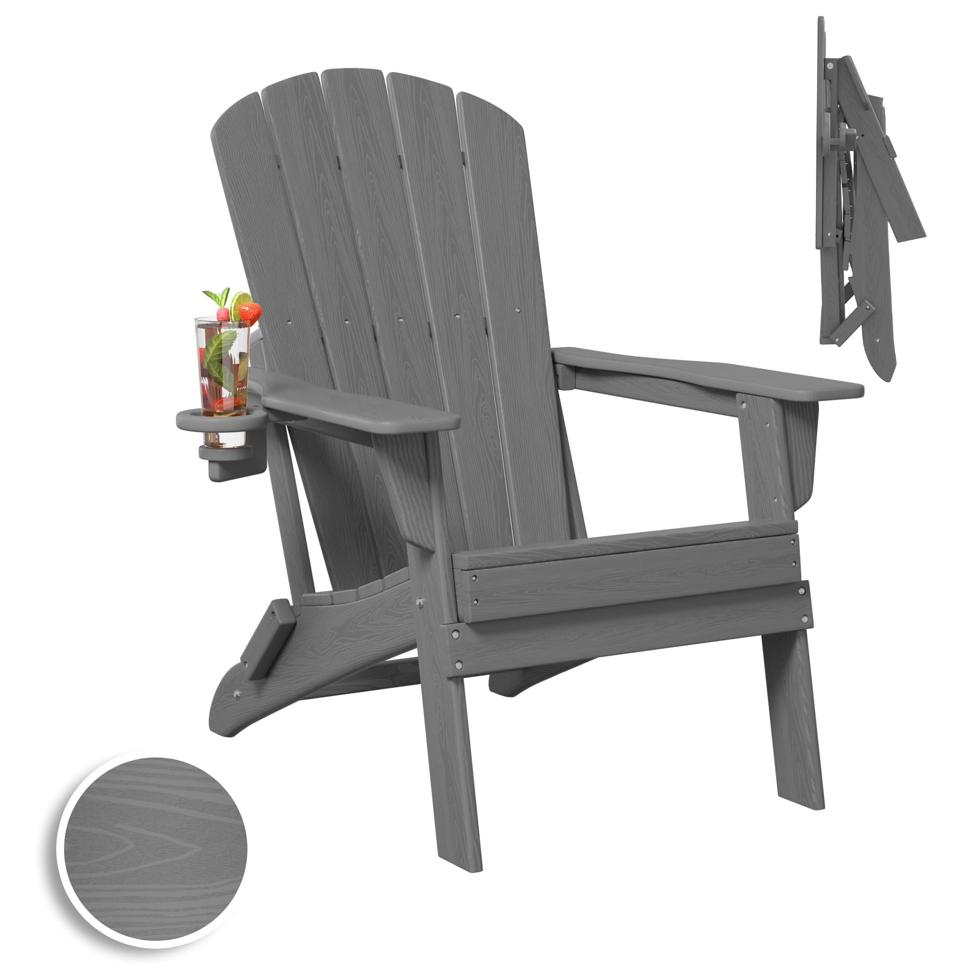 **Heavy Duty Folding Adirondack Chair - All-Weather HDPE, Wooden Texture with Cup Holder - SGS Certified - Perfect for Poolside, Backyard, Lawn & Patio - Comfortable Outdoor Seating (Grey)**