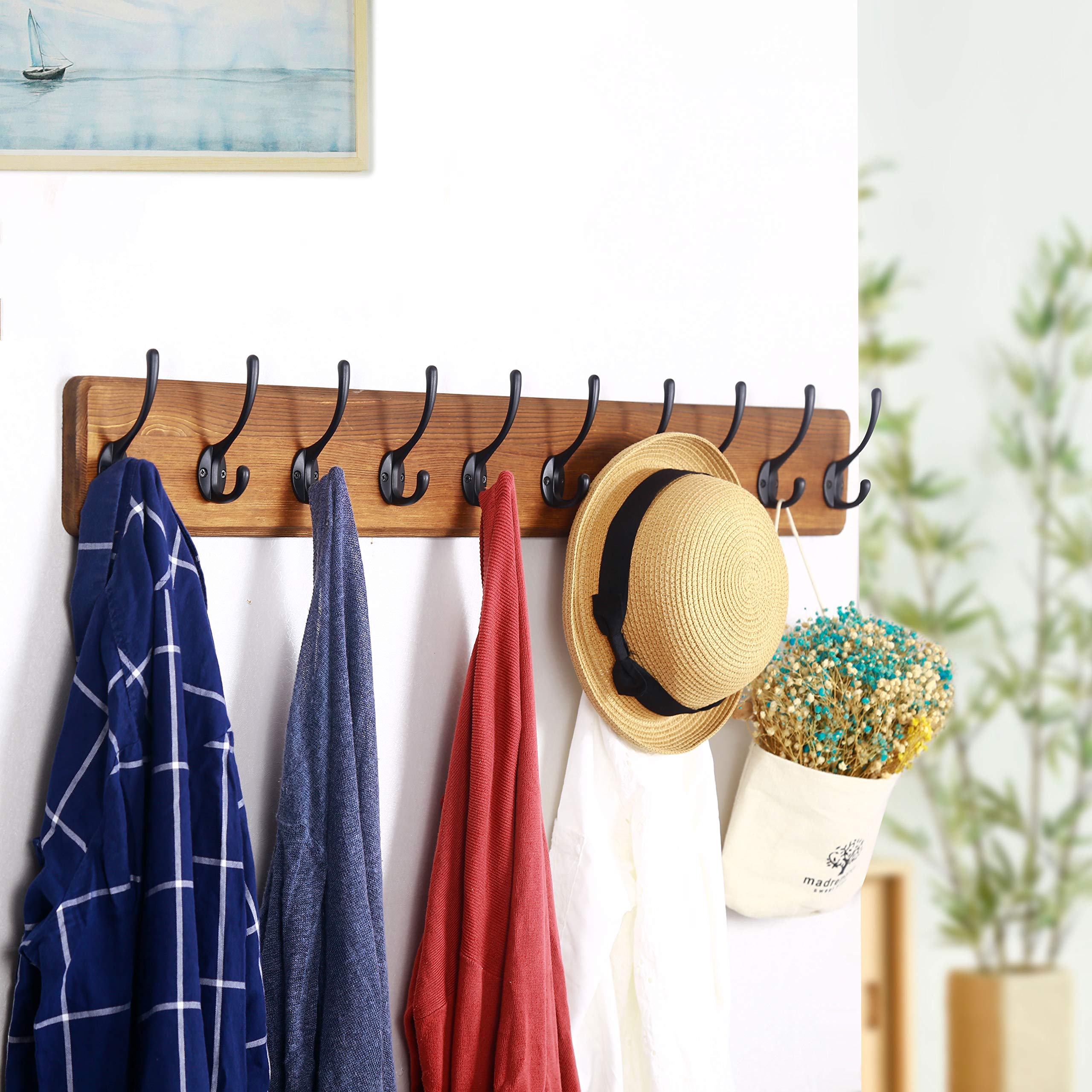 Rustic Wood Wall Mounted Coat Rack with 10 Hooks - 38.9