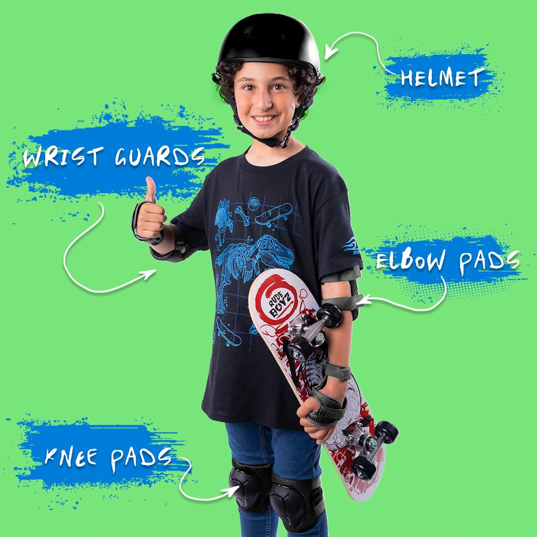 Rude Boyz Kids Skateboard & Bike Helmet Protective Gear Set - Youth Knee Pads, Elbow Pads & Wrist Guards for Boys & Girls - Perfect for Skateboarding, Cycling & Scooter Riding Safety