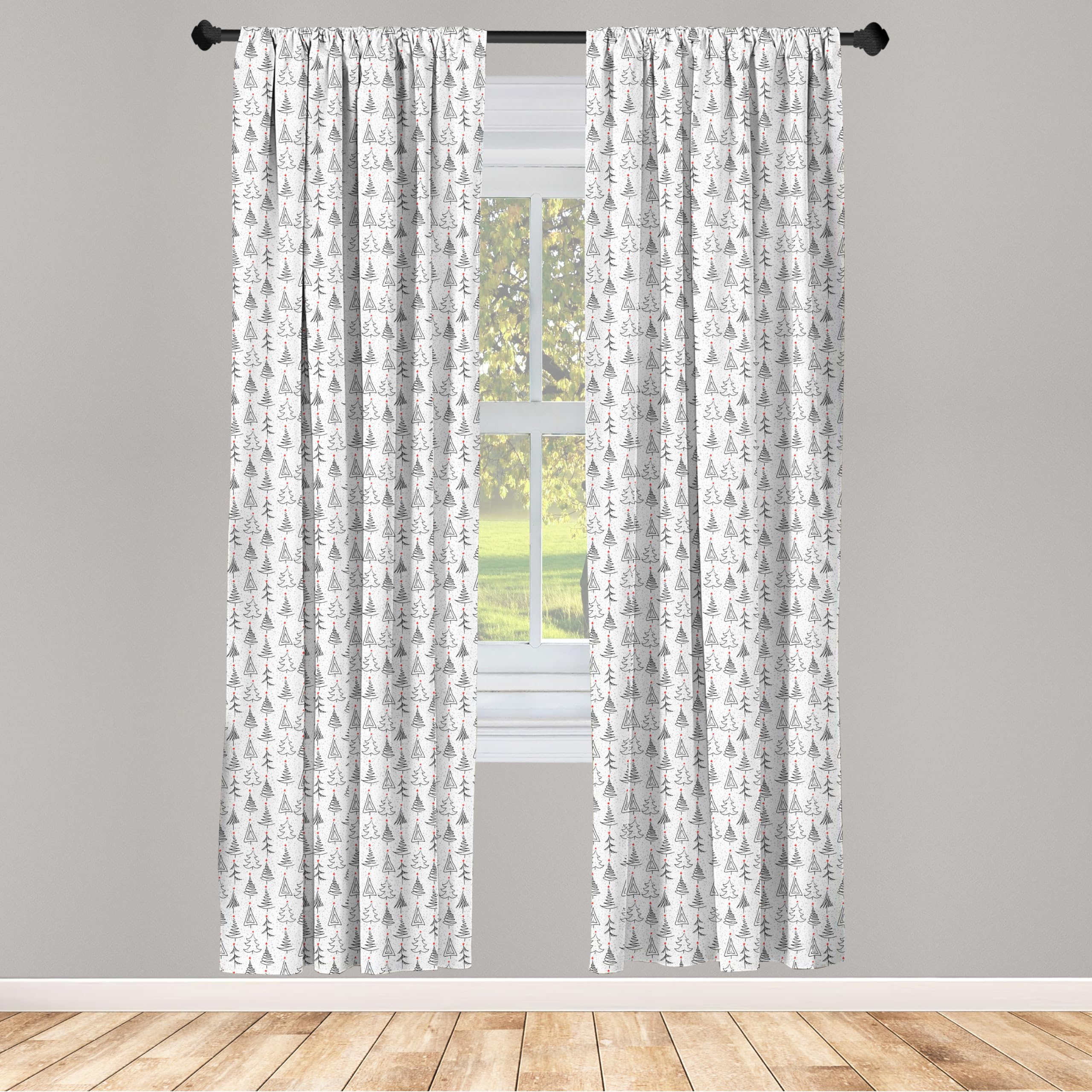 Ambesonne Christmas Tree Window Curtains - Black Grey Red Doodle Sketch Style with Stars, Lightweight 2-Panel Set (28x95 inches) for Living Room, Bedroom & Holiday Decor | Rod Pocket Design