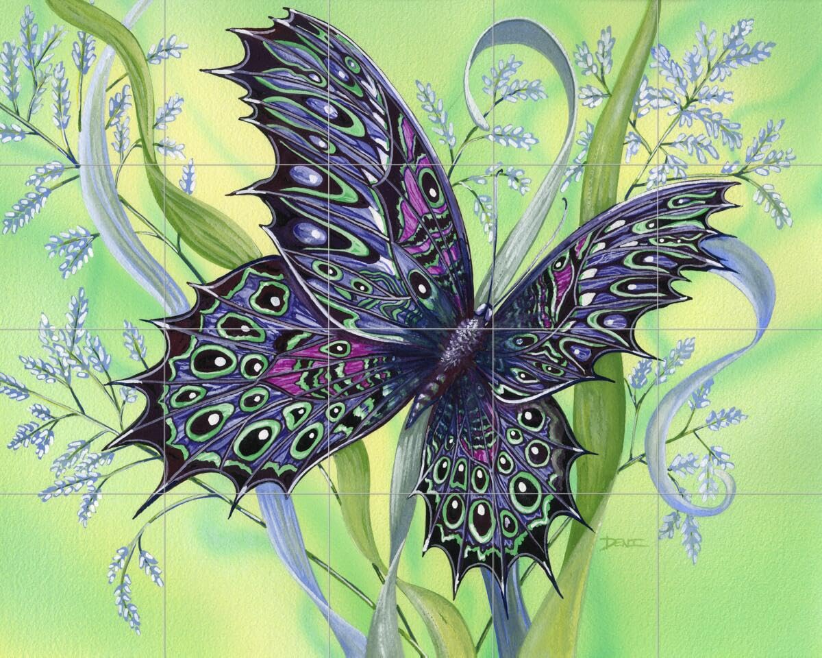Hand-Painted Ceramic Butterfly Tile Mural for Kitchen Backsplash & Bathroom Wall Decor - Facet Wings Design by Denise Freeman - Perfect for Modern Farmhouse, Bohemian & Coastal Style Homes