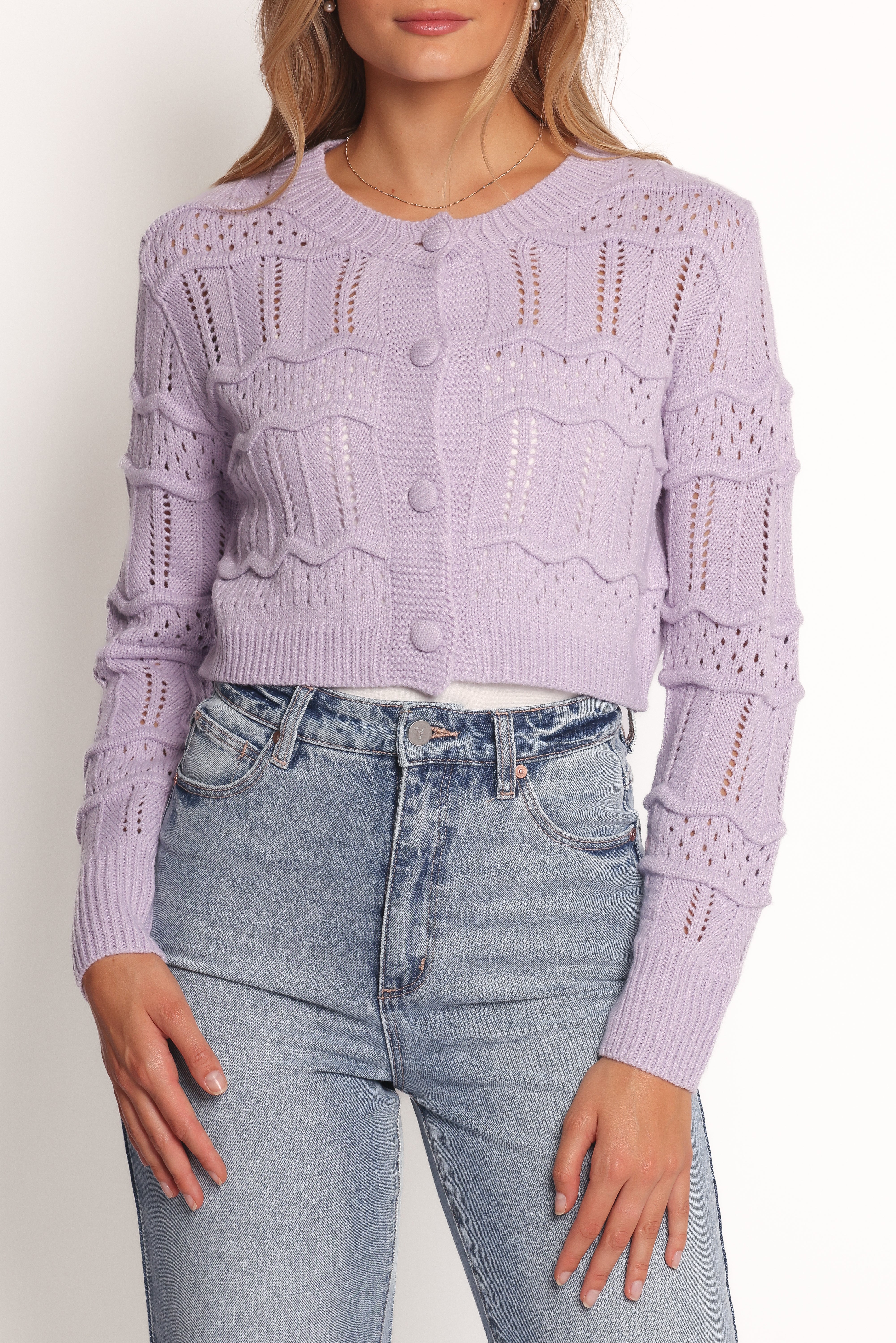 Aidy Crop Button Front Cardigan - Soft Lilac Knit Sweater for Women | Perfect for Spring Layering & Casual Outfits
