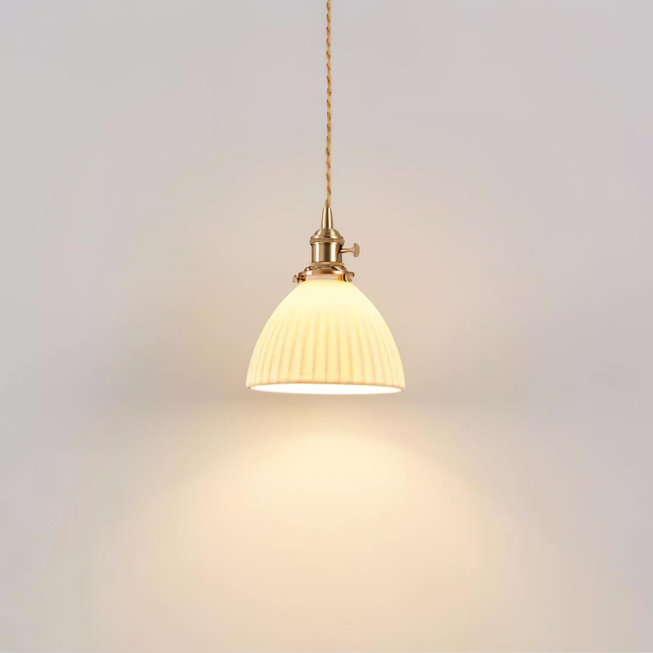 Vintage Brass Pleated Ceramic Pendant Light - Handcrafted Boho Ceiling Fixture for Dining Room, Kitchen Island & Bedroom Lighting