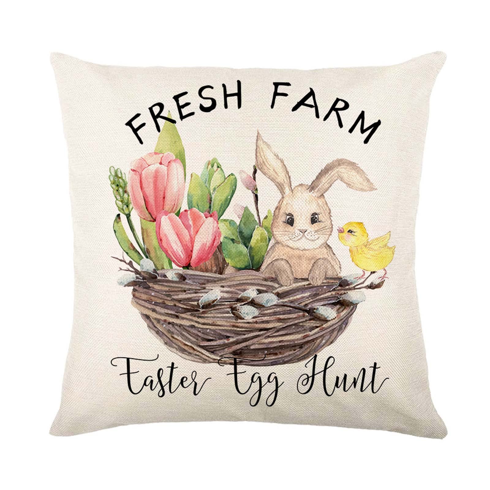 Easter Bunny Watercolor Linen Pillow Cover - Floral Rabbit Print Decorative Cushion Case for Sofa, Bedroom, Living Room Home Decor - Perfect for Spring Decorations and Gift Giving
