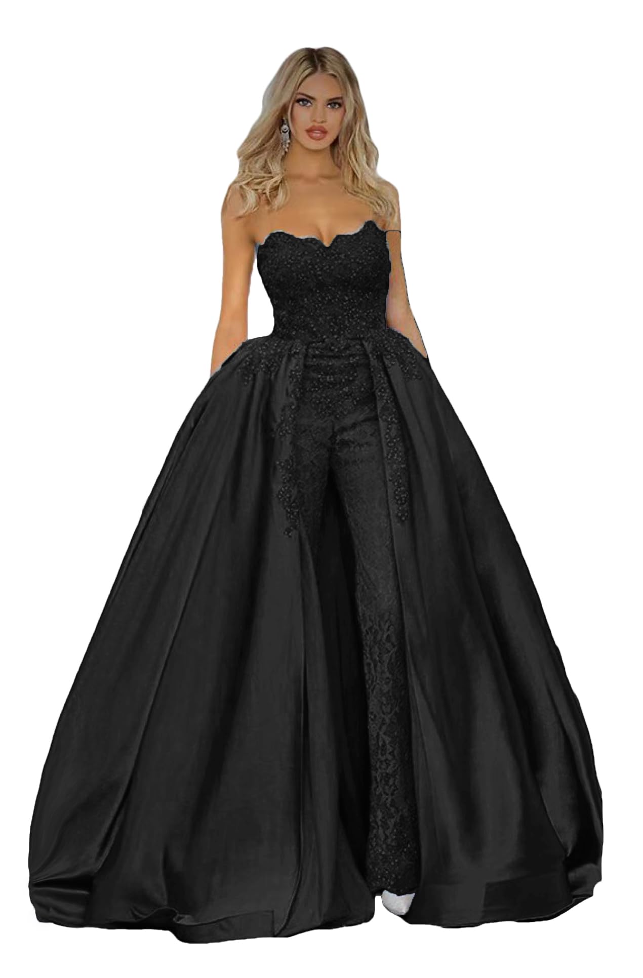 Elegant Wedding Jumpsuit with Removable Skirt & Lace Bodice - Long Train Formal Pant Suit for Brides, Bridesmaids & Special Occasions | Perfect for Church Ceremonies, Garden Weddings & Evening Galas