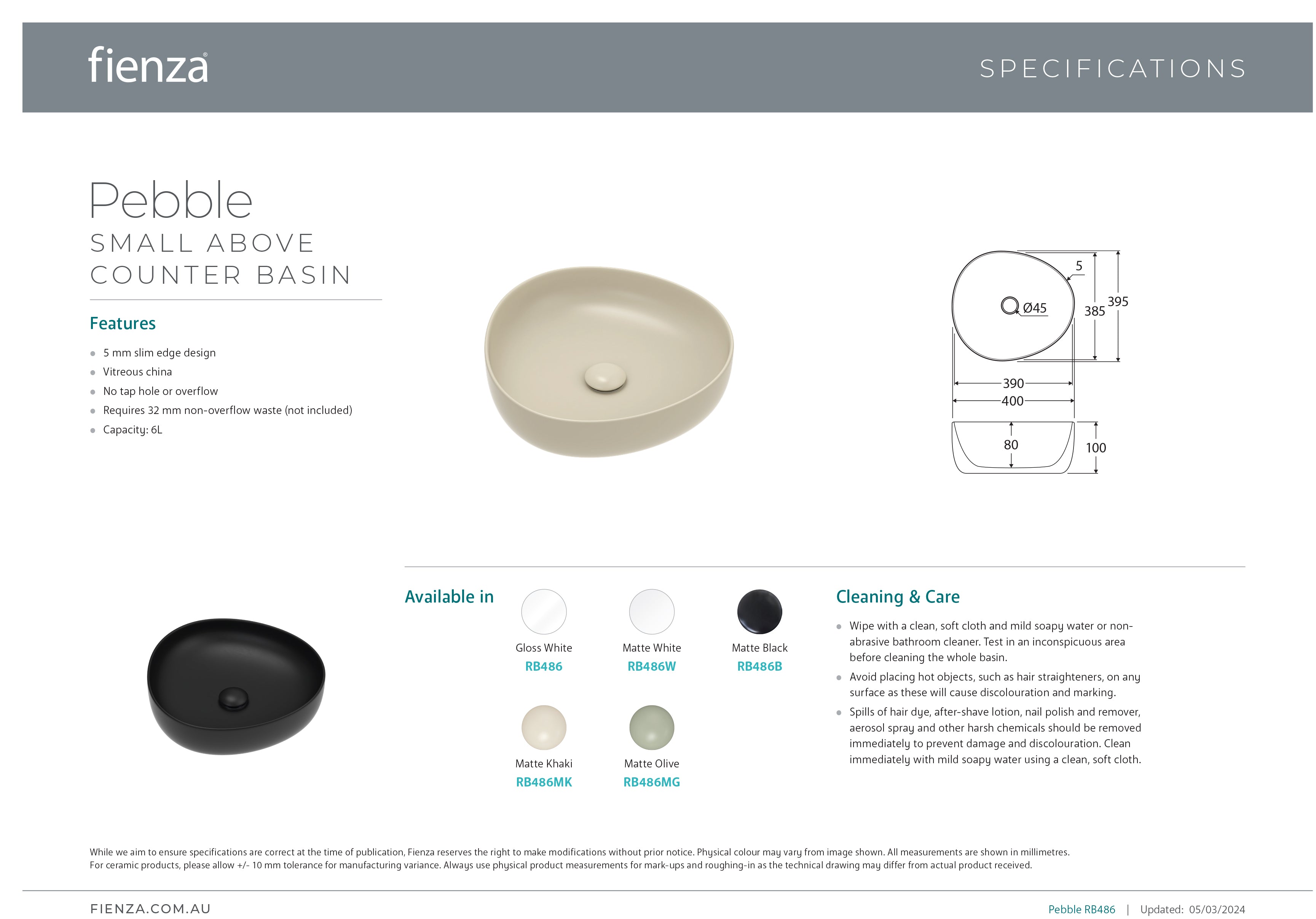Fienza RB486MK Pebble Small Above Counter Bathroom Sink - Matte Khaki Finish | Modern Vanity Basin for Powder Rooms & Guest Baths | Water-Resistant Ceramic Design