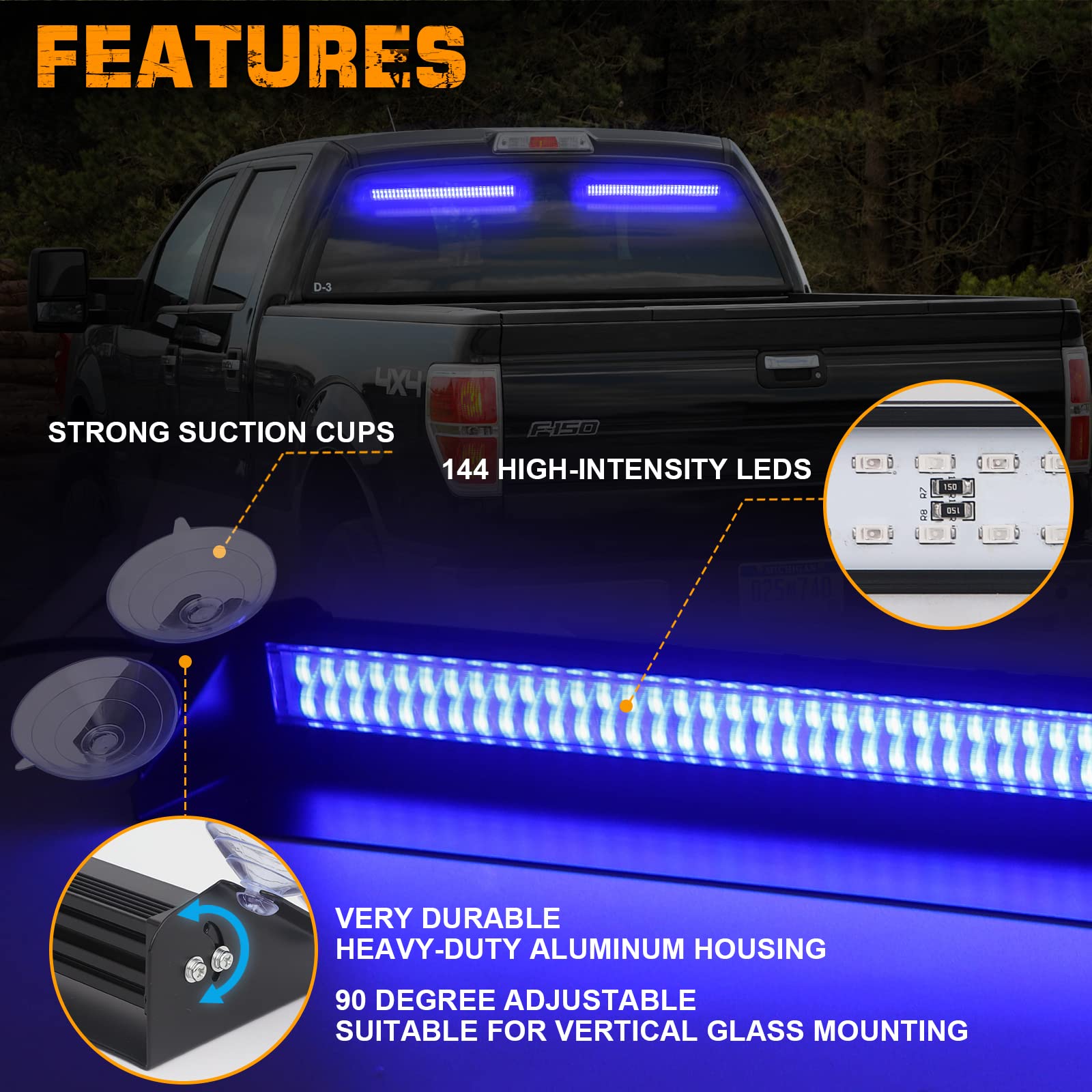 XRIDONSEN 144 LED Blue Emergency Dash Lights - 2x14 Inch Hazard Warning Strobe Lights for Firefighter, Police, and Truck Vehicles - Interior Front/Rear Windshield Split Mount - Ideal for Emergency Response, Roadside Assistance & Safety Scenarios