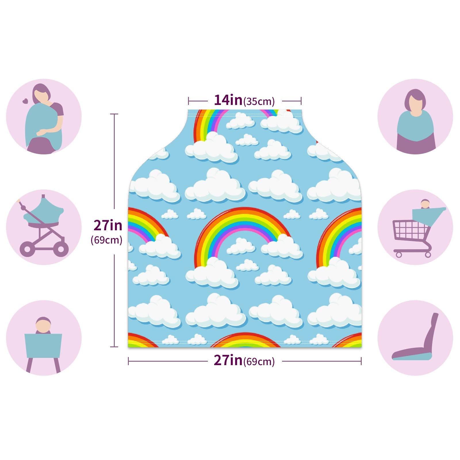 Soft Stretchy Baby Car Seat Cover & Nursing Scarf - Universal Car Canopy for Boys & Girls, Rainproof Stroller Cover with Clouds & Rainbows Design - Perfect for Breastfeeding, Travel, and Outdoor Protection