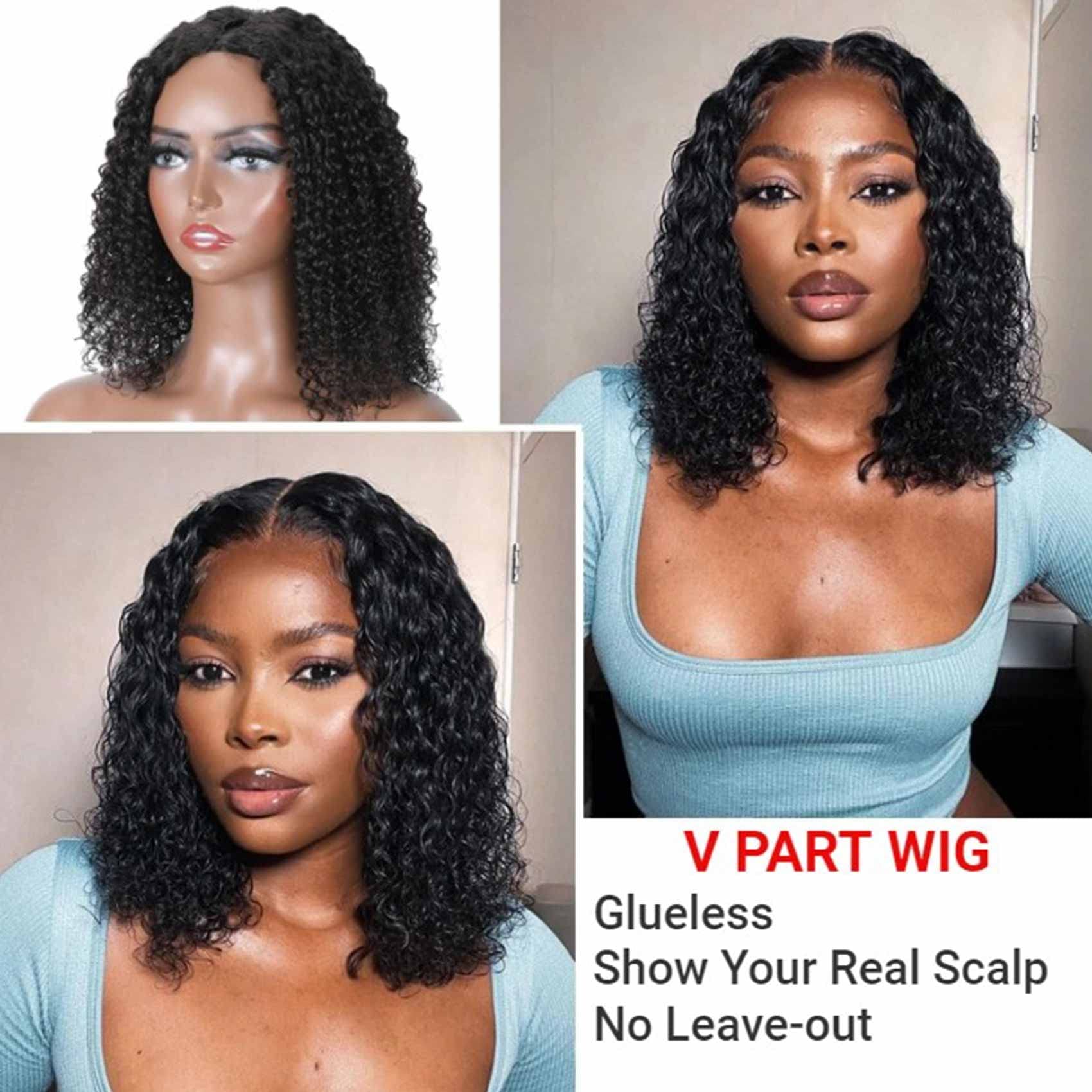 V Part Wig Water Wave Human Hair - No Leave Out, No Sew In, No Glue - 180% Density Curly Wigs for Black Women | Natural Color 24 Inch | Perfect for Daily Wear, Special Occasions & Protective Styling