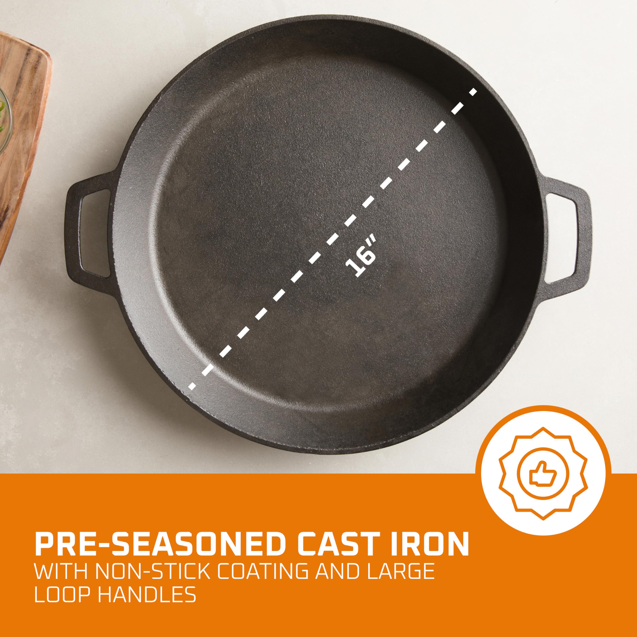 Bruntmor Pre-Seasoned 16 Inch Cast Iron Skillet - Dual Large Loop Handles, Durable Black Pan for Grilling, Deep Frying & Stovetop Cooking | Oven Safe & Perfect for Breakfast, Camping & Outdoor Cooking