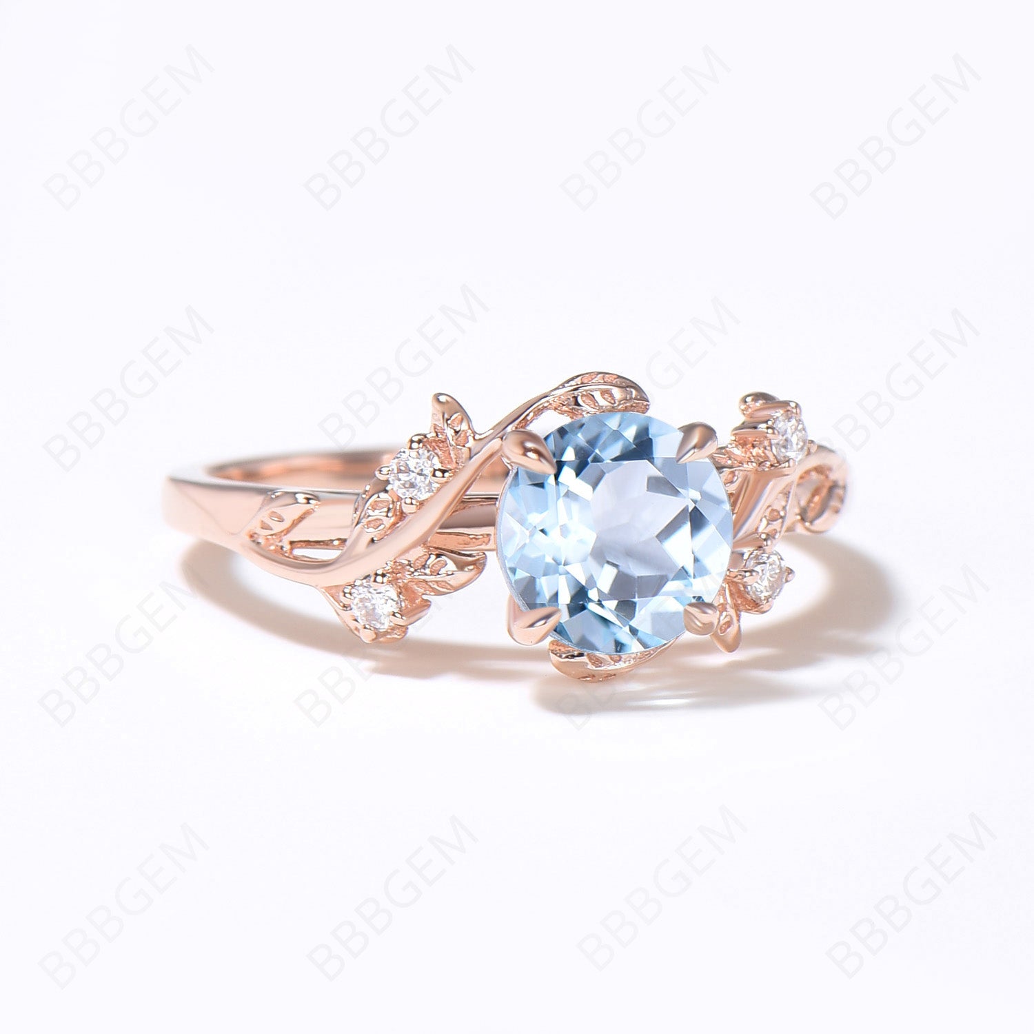 Natural Aquamarine Engagement Ring - 6.5mm Round March Birthstone Wedding Ring with Leaf Branch Design, Elegant Cluster Setting for Proposals, Anniversaries & Special Occasions