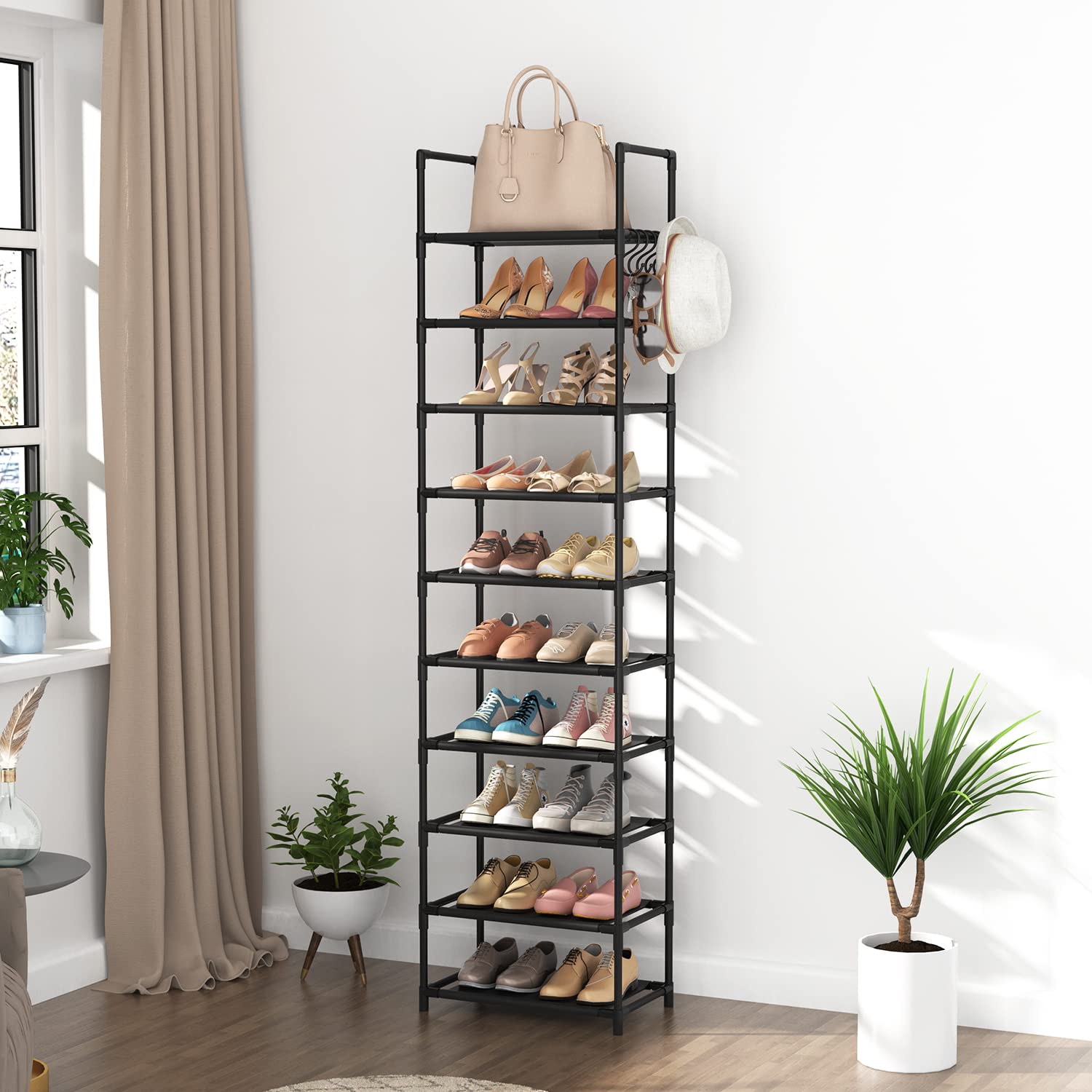 10-Tier Tall Shoe Rack for 20-25 Pairs | Sturdy Narrow Boot Organizer with Hooks | Space-Saving Entryway & Closet Storage Shelf (Black) | Perfect for Small Apartments, Dorm Rooms & Mudroom Organization