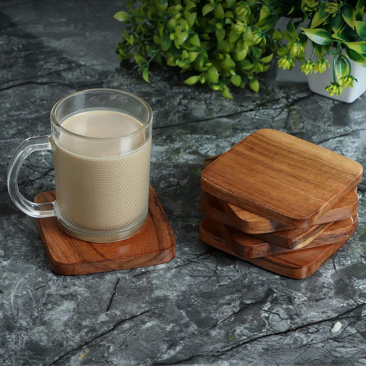 CRAFTVELLY Set of 4 Solid Sheesham Wood Coasters - Natural Wood Drink Coasters for Coffee, Tea, Beer & Wine Glasses - Round Dark Walnut Wooden Coasters for Dining Table, Bar & Home Decor