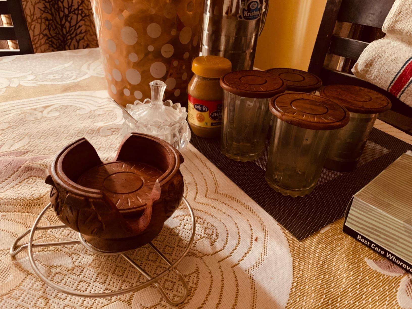 Handmade Wooden Coaster Set of 6 with Decorative Holder - Natural Carved Tabletop Drink Coasters for Coffee, Tea, Beer & Mugs - Perfect for Home Bar, Office Desk & Indian Style Decor