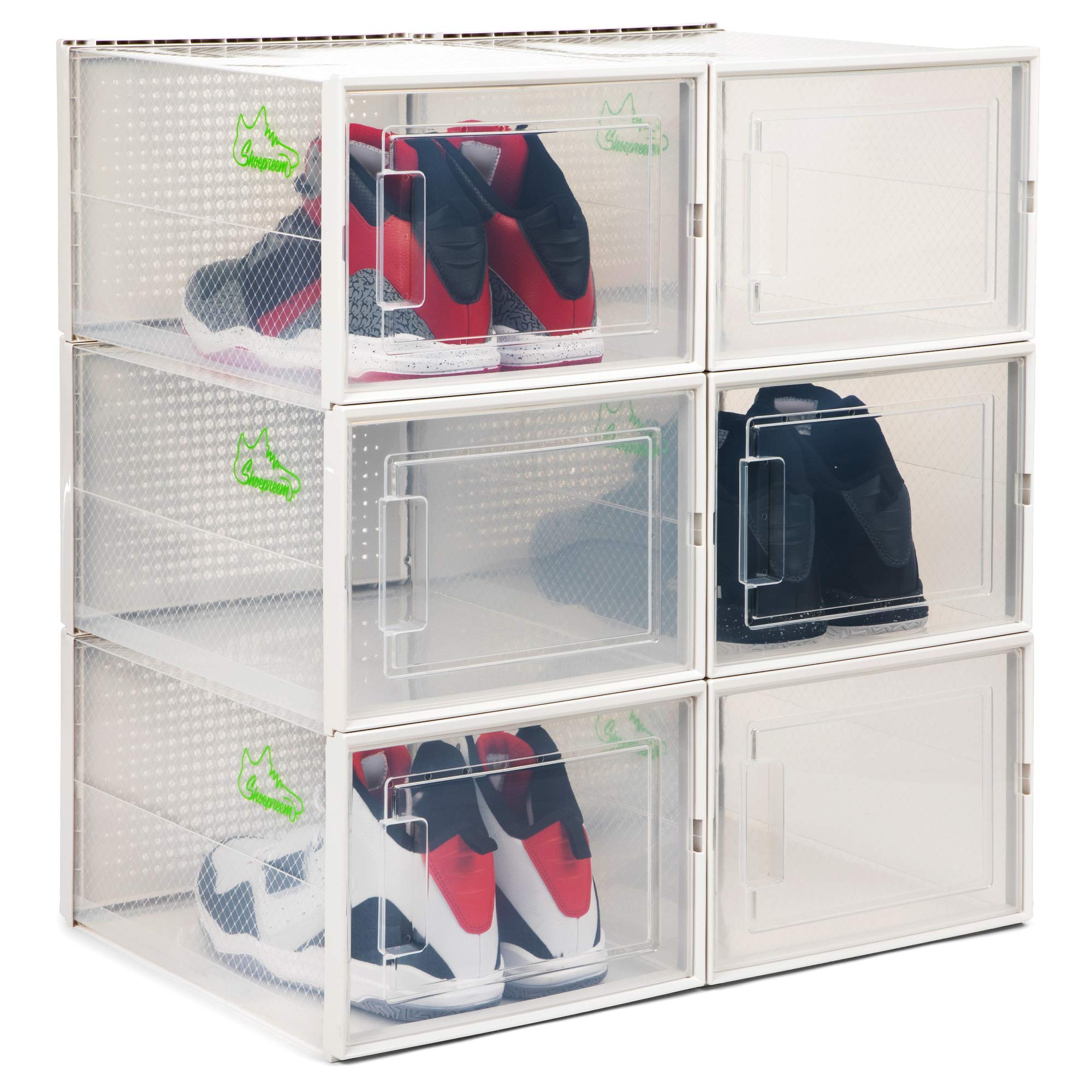 6-Pack Clear Plastic Stackable Shoe Storage Boxes - 14.6 Inches Long for Big Shoes & Sneakers | Closet Organizer for Men's & Women's Footwear | Perfect for Bedroom, Dorm, or Entryway Organization