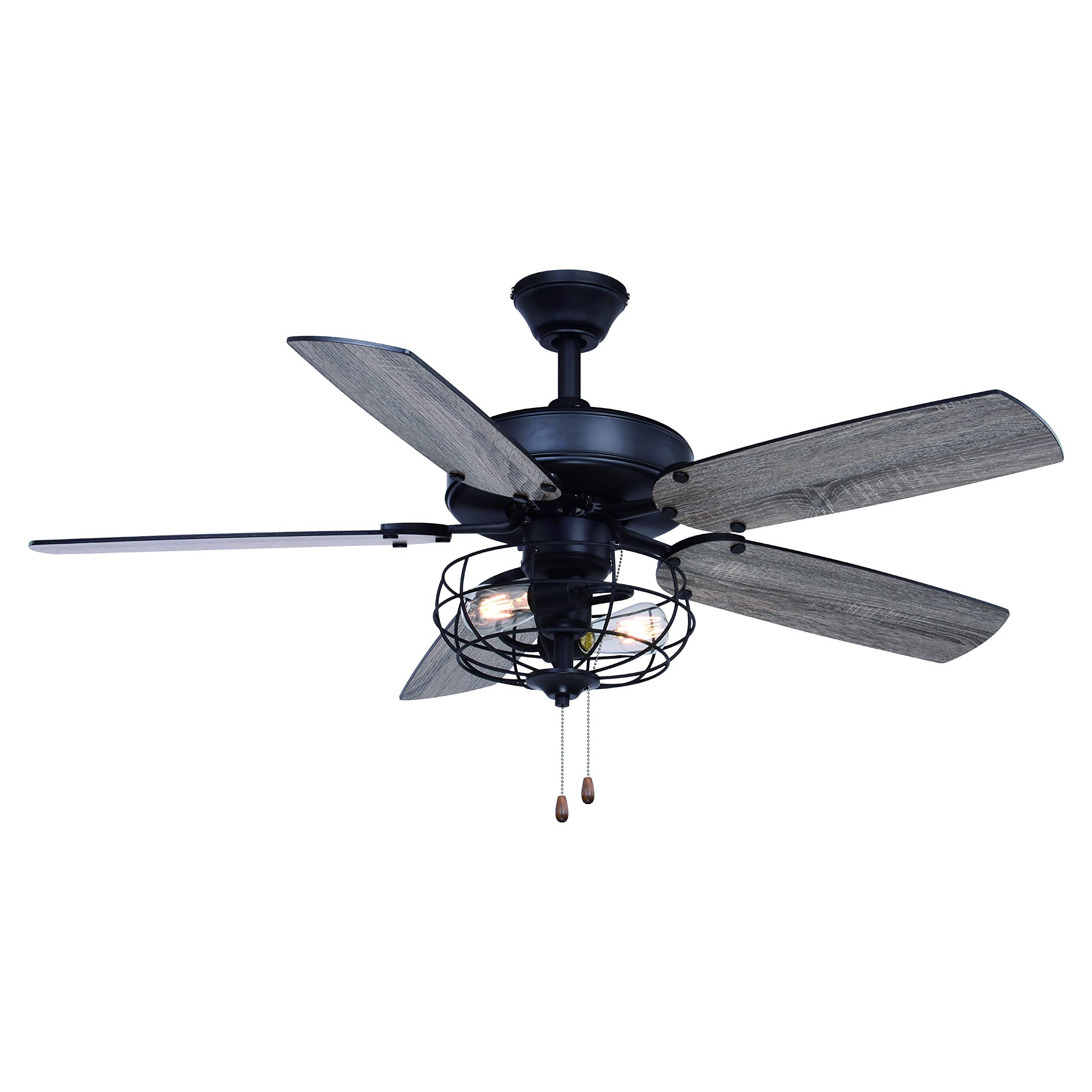 VAXCEL Reed 48-inch Matte Black Farmhouse Ceiling Fan with LED Cage Light Kit & Pull Chains - Perfect for Living Room, Bedroom, and Outdoor Covered Patio