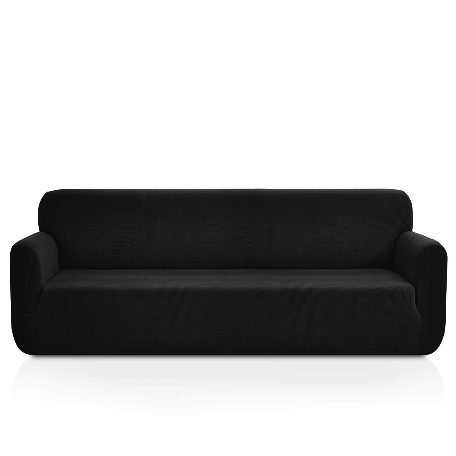 Stretch Jacquard Sofa Cover for Leather Couches - Polyester Spandex Slipcover, Dog-Proof Couch Protector (1-Piece, Extra Wide, Black) - Perfect for Pet Owners & Home Decor Protection