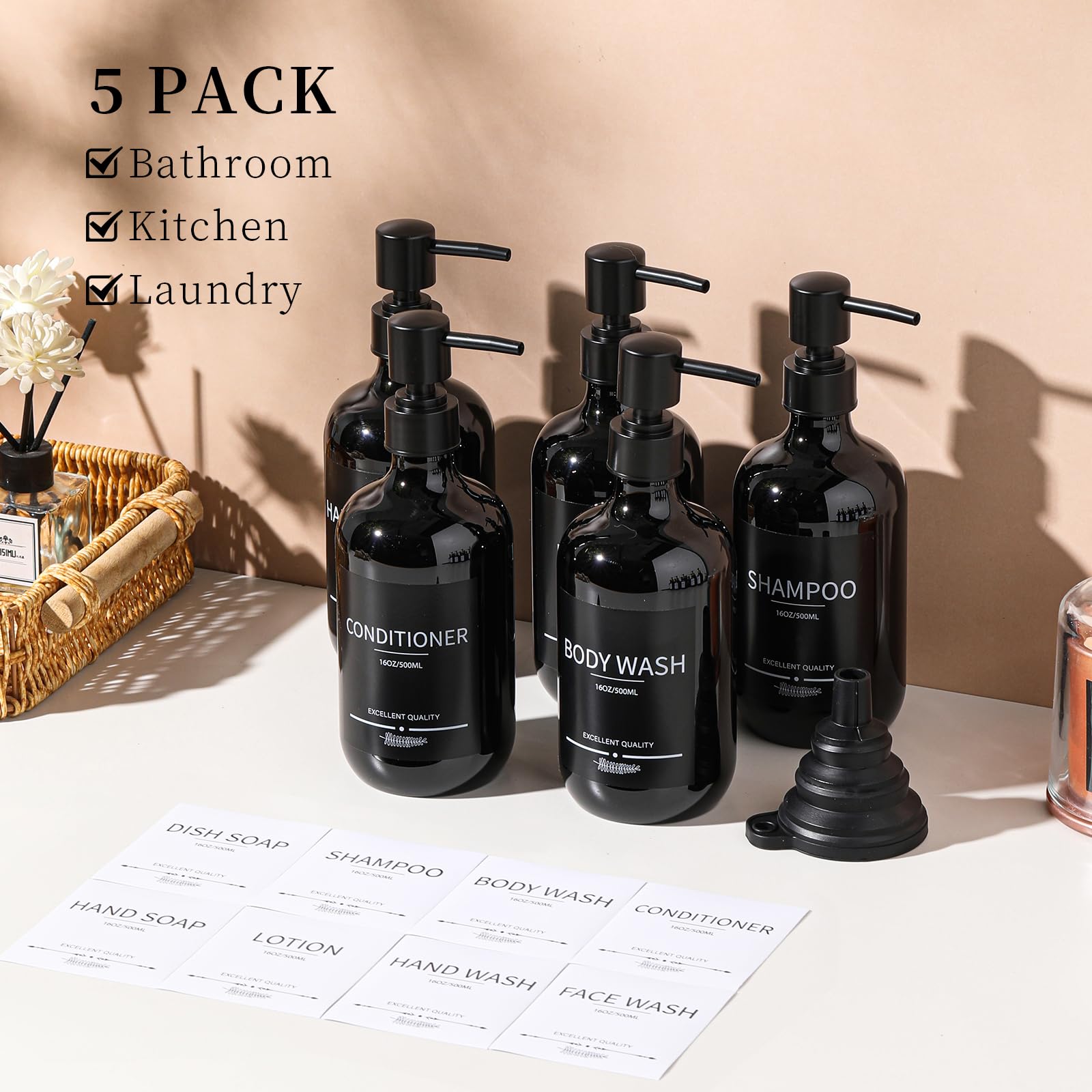 Refillable 16.9oz Shampoo and Conditioner Dispenser Bottles (5-Pack, Black) - Leakproof Shower Organizer for Bathroom, Salon, Gym & Travel