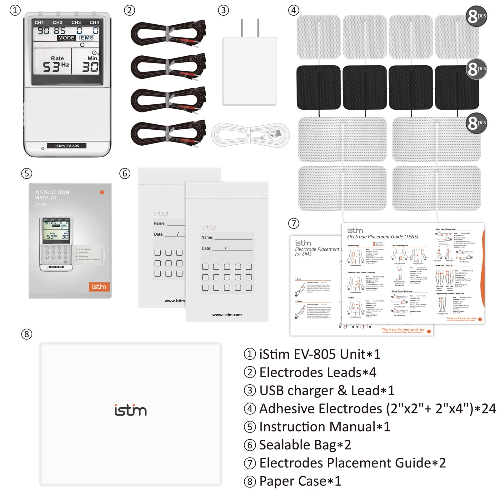iSTIM EV-805 TENS EMS 4 Channel Rechargeable Muscle Stimulator - 24 Programs with Backlit Display for Pain Relief & Muscle Recovery - Includes Electrode Pads - Perfect for Back Pain, Sports Recovery & Physical Therapy