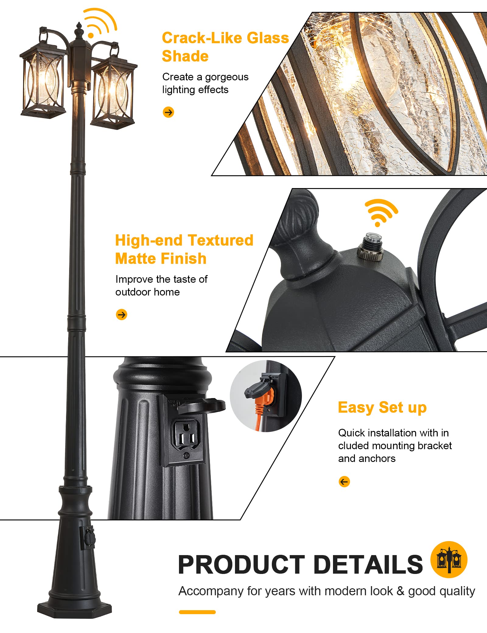 Dusk to Dawn Outdoor Lamp Post Light - Modern 2-Head Street Pole Light Fixture with Outlet, Waterproof Black Exterior Light for Backyard, Garden, Patio & Driveway | Perfect for Landscape Lighting, Pathway Illumination & Home Security