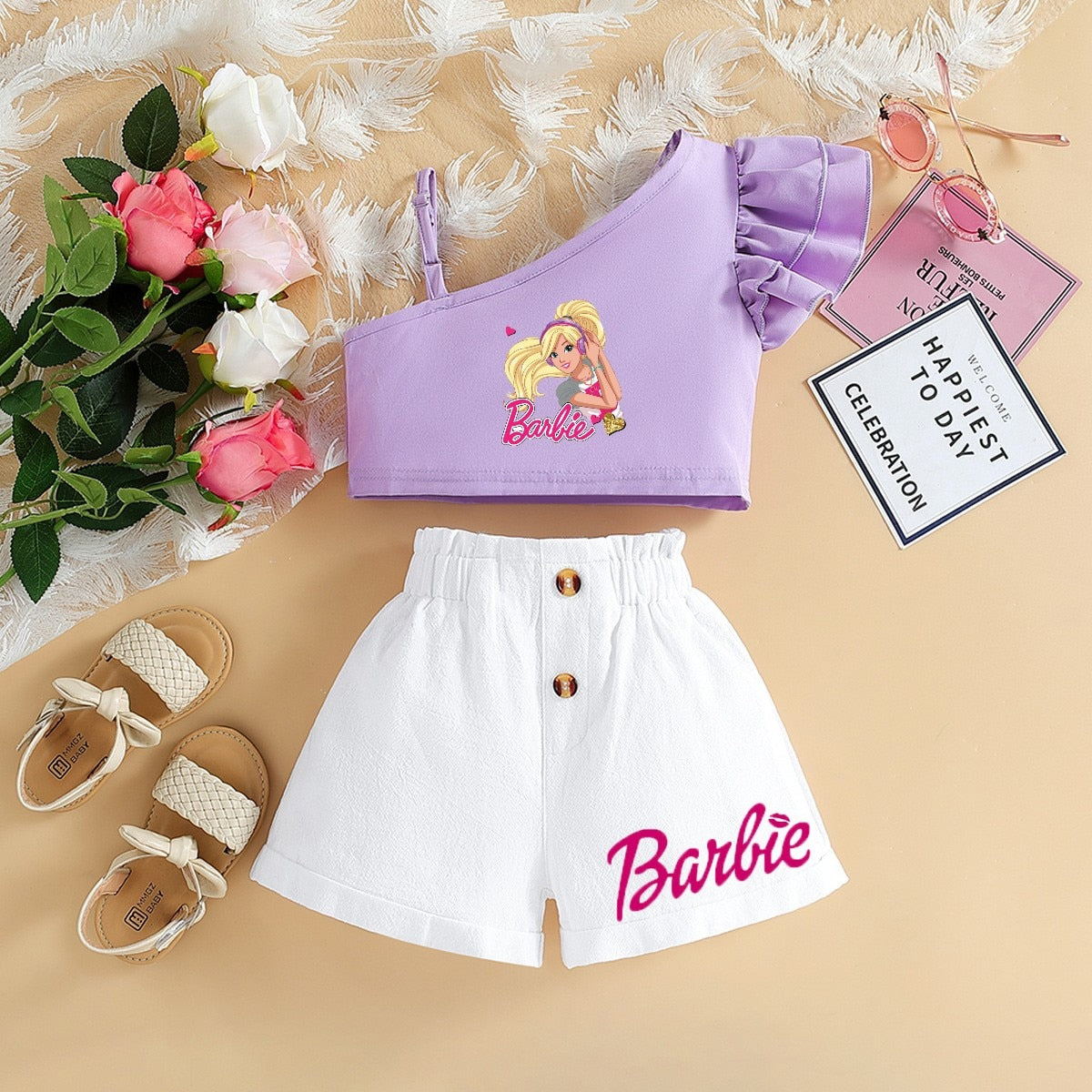 **Barbie Kawaii Soft Summer Outfit for Girls - Y2K Fashion Suspender Top & Loose Shorts Set, Cute All-Match Short Sleeve Clothes for Playdates, Beach & Casual Wear**