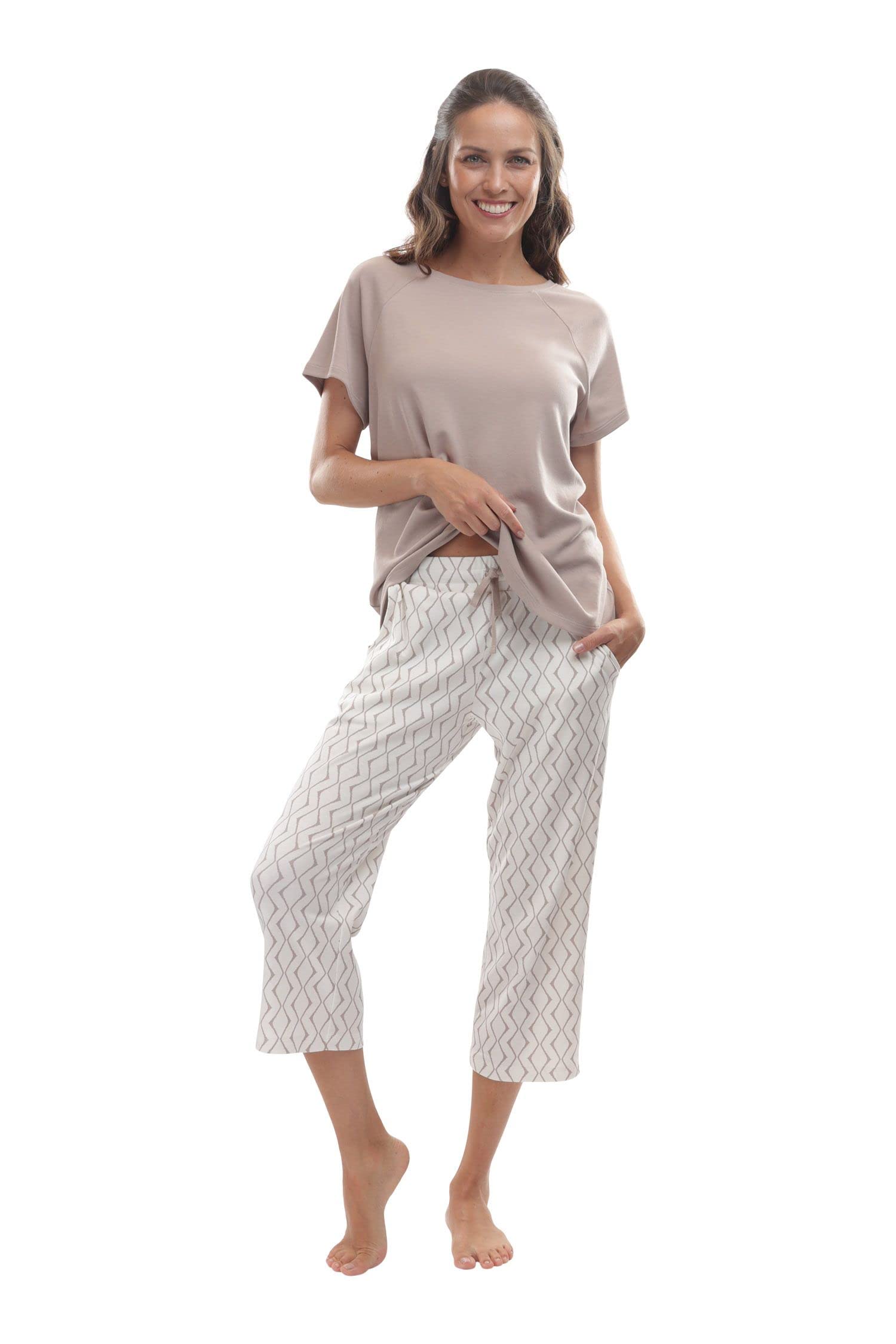 Premium Pima Cotton Women's Pajama Set - Ultra Soft Sleepwear with Capri Pants & Short Sleeve Top for Lounge, Travel & Home Comfort