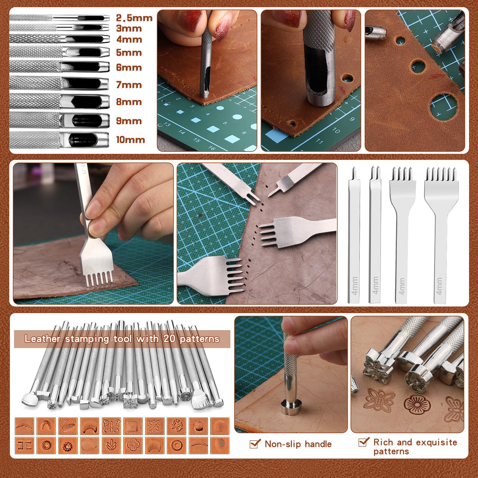 Professional Leather Craft Tool Kit - Leather Working Tools Set with Custom Handbag Cutting Mats, Engraving Punching & Sewing Stamping Sanding Tools for DIY Leather Projects | Perfect for Leather Crafting, Bag Making & Shoe Repair