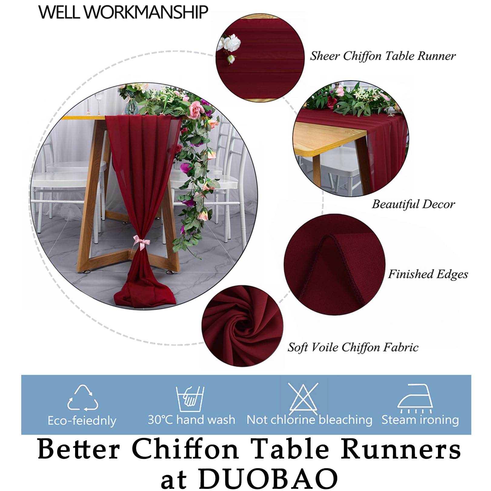 DUOBAO Burgundy Chiffon Table Runner 29x120 Inches - Elegant Beaded Sheer Wedding Tablecloth for Reception, Party, Banquet Decor - Perfect for Bridal Showers, Anniversary Celebrations & Formal Dining