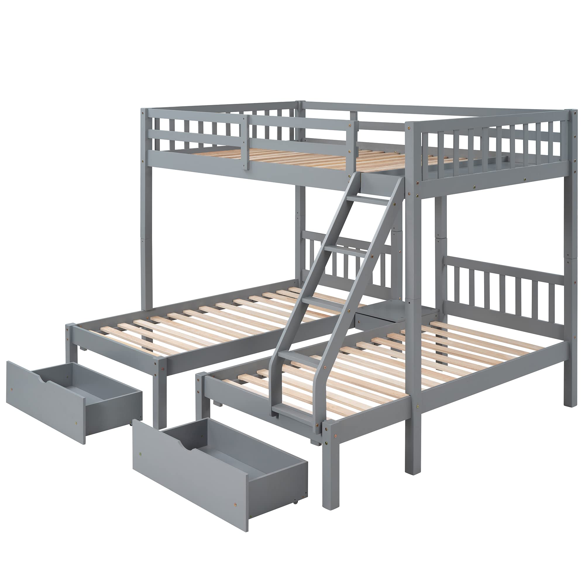 Wood Triple Bunk Bed with 3 Drawers & Guardrails - Full Over 2 Twin Bunk Bed for Family & Teens - No Box Spring Needed - Space Saving Kids Bedroom Furniture for Small Rooms & Vacation Homes