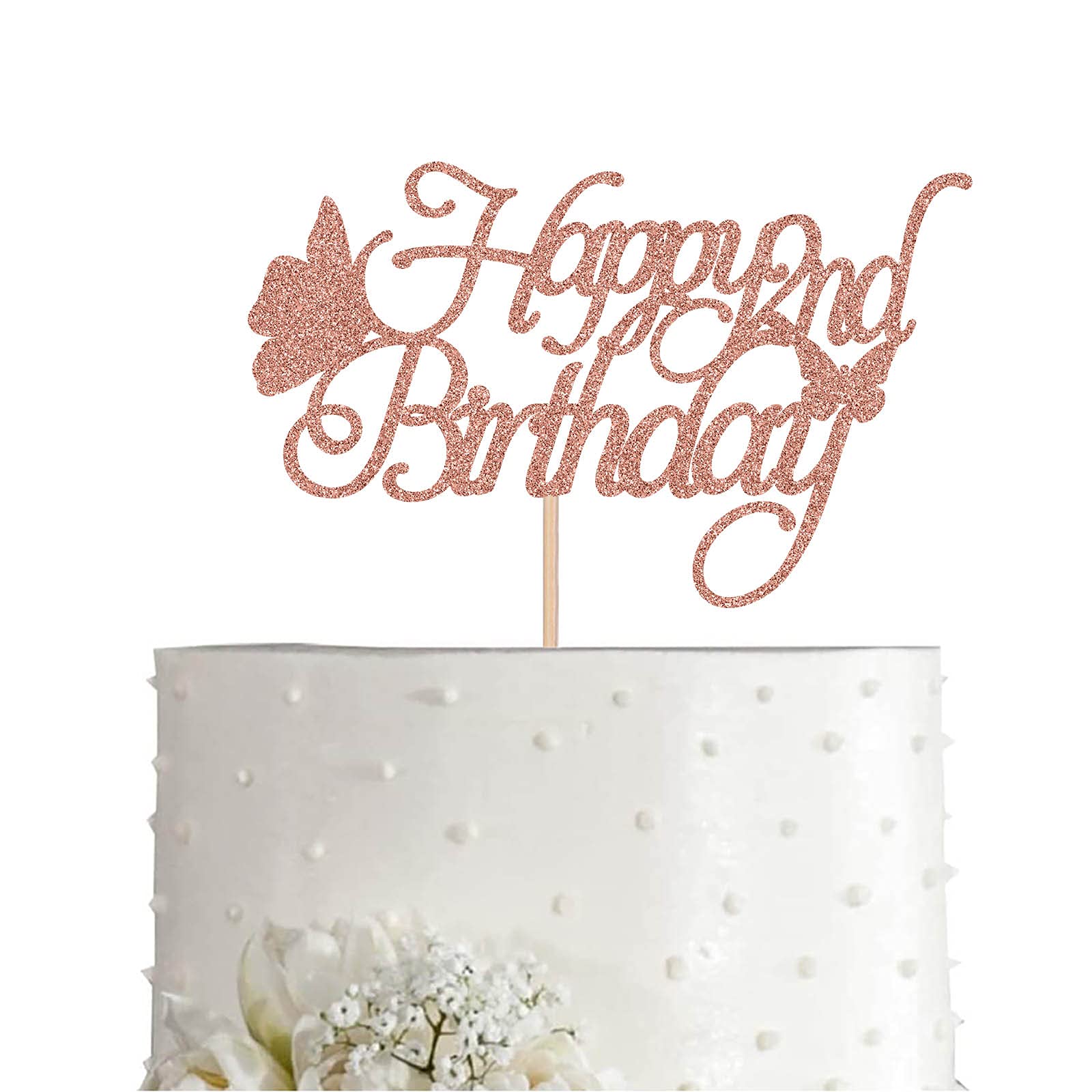 Rose Gold Glitter Butterfly Cake Topper for 2nd Birthday Party - Elegant Rose & Butterfly Girl Cake Decoration for Happy Birthday Celebrations, Baby Showers & Special Occasions