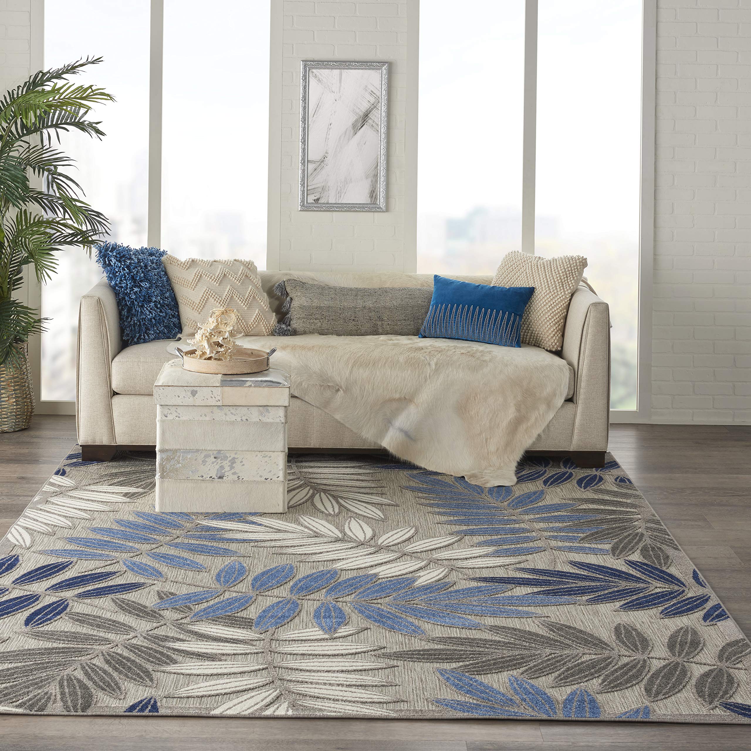 Nourison Aloha Indoor/Outdoor 7' x 10' Area Rug - Soft Grey & Blue Design, Easy to Clean, Non-Shedding, Stain Resistant - Perfect for Bedroom, Living Room, Dining Room, Backyard, Deck & Patio (7x10)
