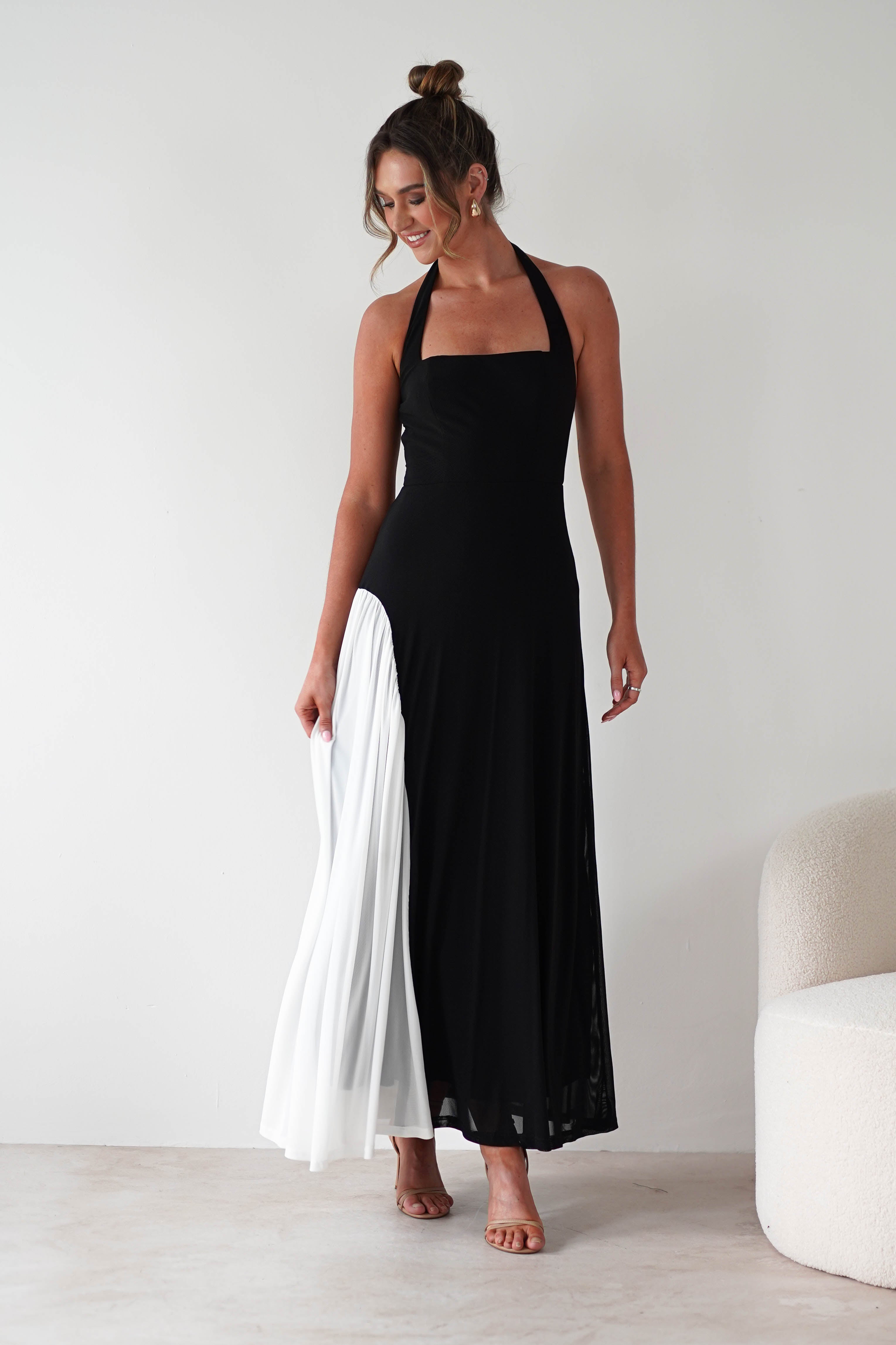 Unika Halterneck Maxi Dress for Women - Elegant Black & White Flowy Long Dress for Summer, Beach, Party, and Special Occasions