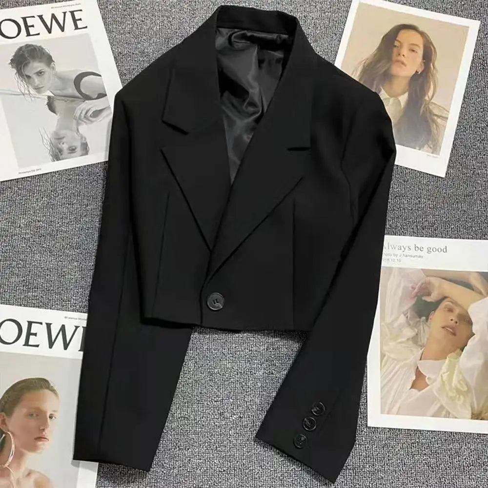 Stylish Korean Women's Cropped Blazer - Autumn Winter Office Wear & Spring Street Fashion Jacket with Long Sleeves | Perfect for Business Casual, Work Attire and Everyday Outfits