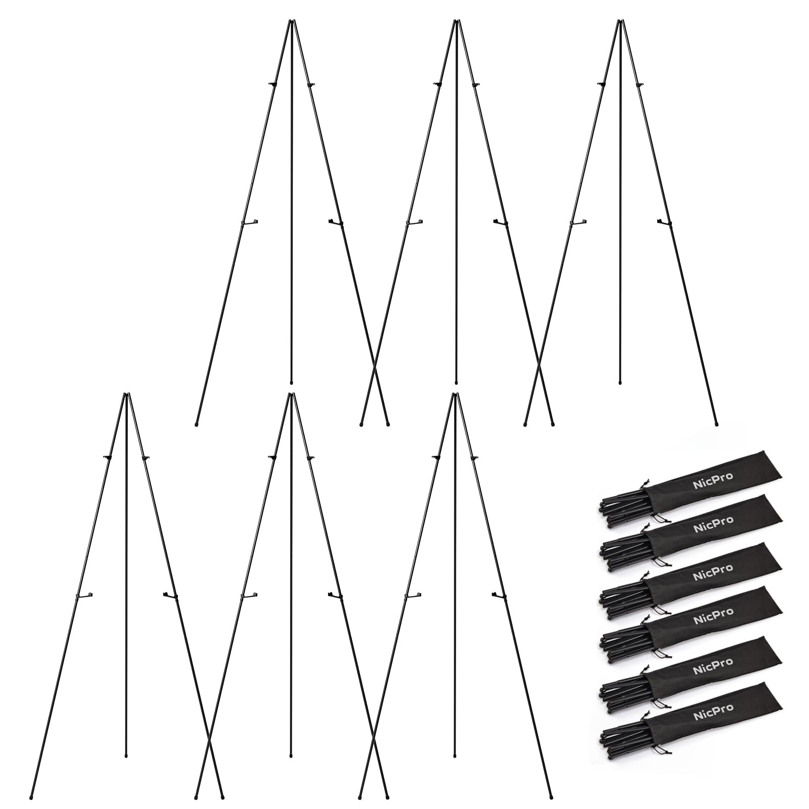 Nicpro 6-Pack 63 Inch Black Metal Folding Easel Stands - Portable Tripod Display Easels for Artists, Posters, Weddings & Events - Includes Carry Bag for Easy Transport | Perfect for Art Exhibitions, Classroom Displays & Wedding Signage