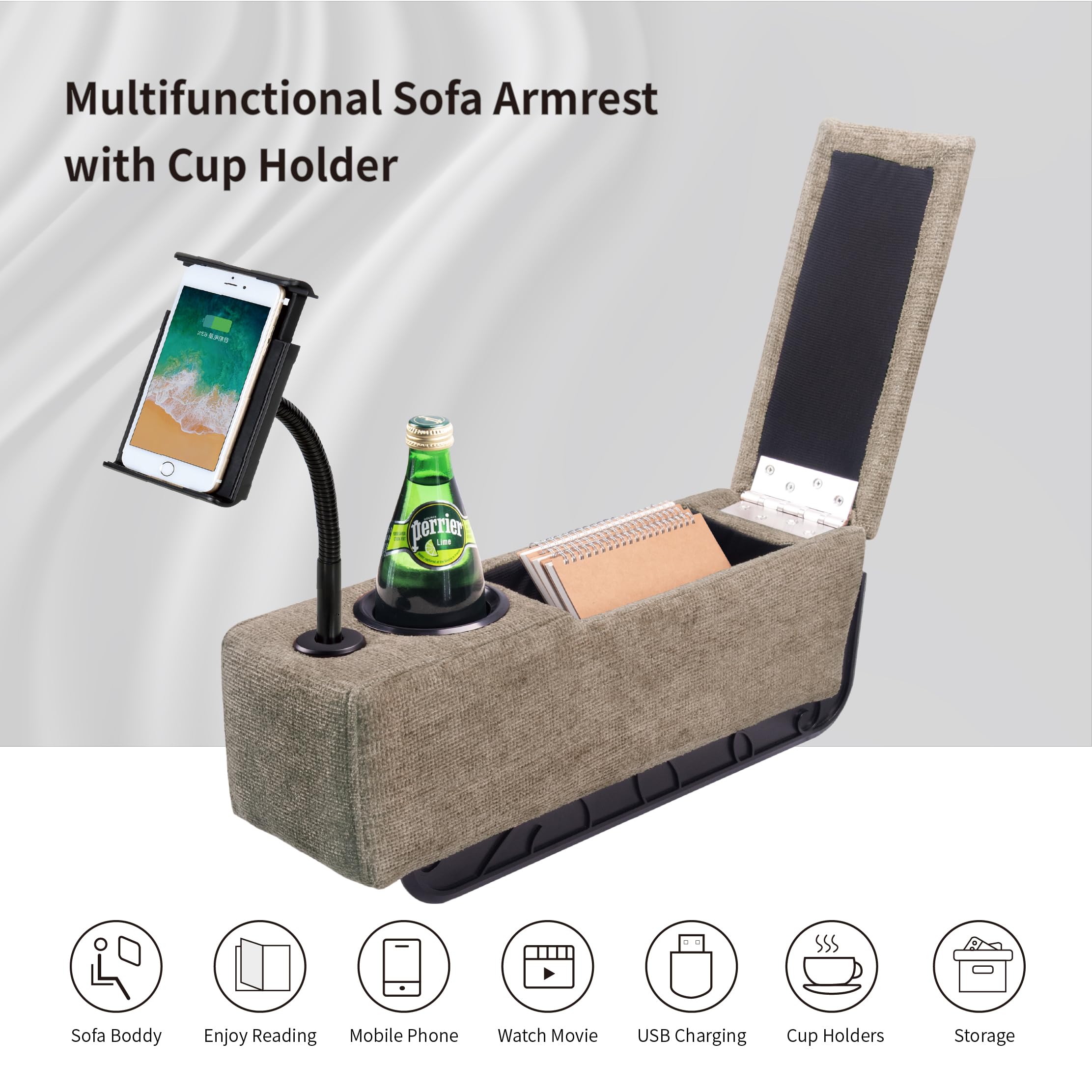 Multifunctional Sofa Armrest with Wireless Charger & Storage - Removable Couch Caddy with LED Reading Light - Perfect for Living Room, Bedroom & Office Use