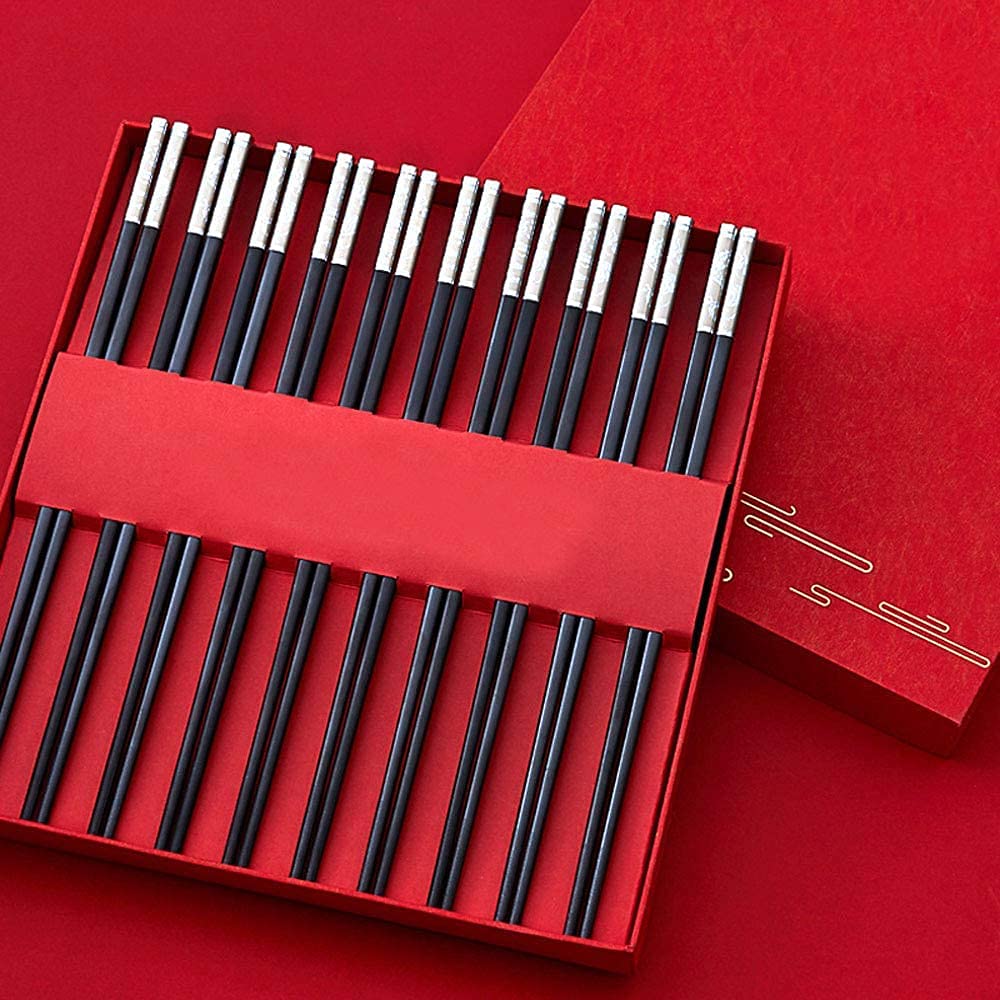 Premium Reusable Metal Chopsticks Set - 10 Pairs Stainless Steel & Alloy Chopsticks with Gift Box (27.2cm) - Durable Fiberglass Cooking Chopsticks for Asian Cuisine, Sushi, Ramen & Home Dining
