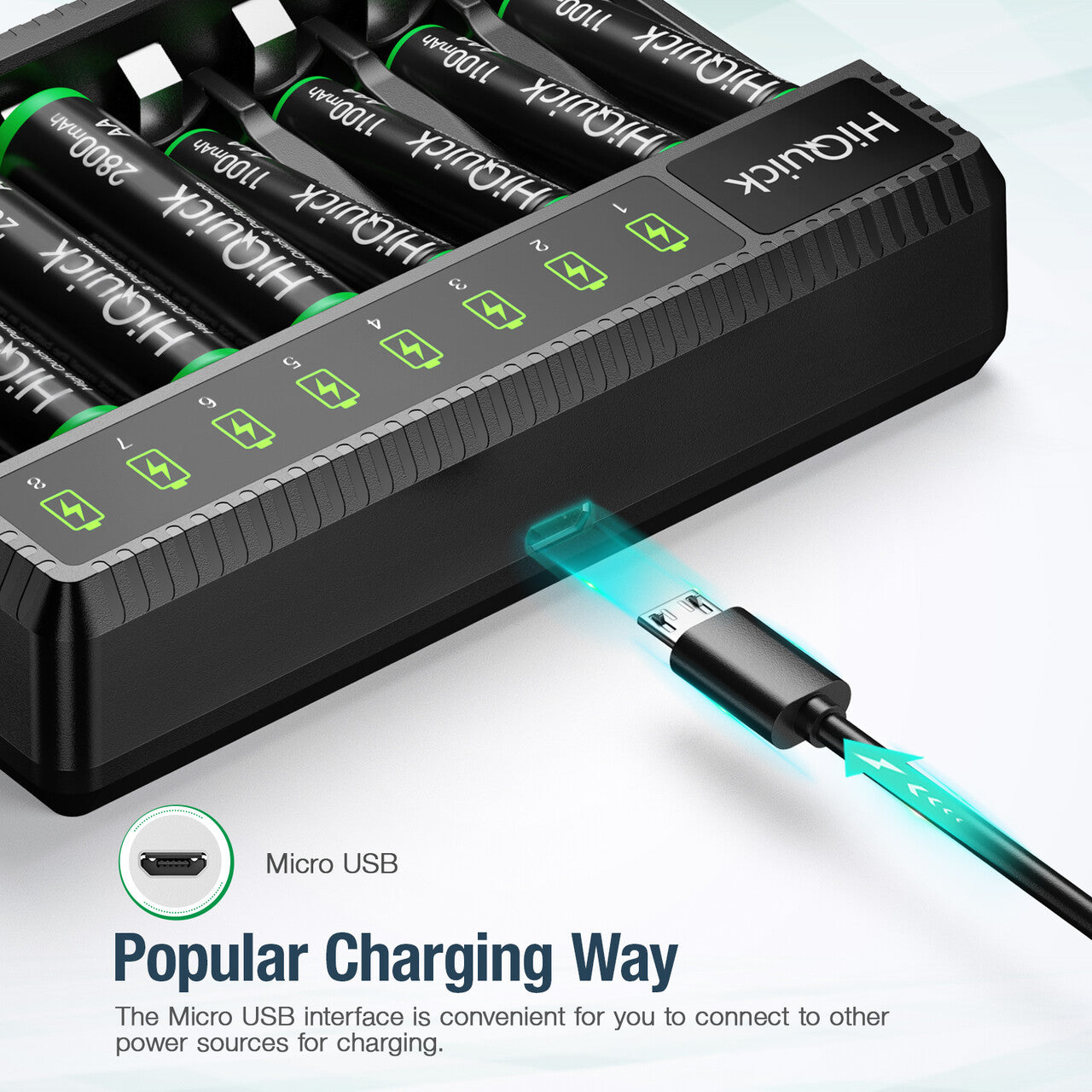 HiQuick 8 Bay AA AAA Battery Charger with LED Display & Fast Charging - Rechargeable NiMH Battery Charger for Home, Office, Travel & Emergency Use