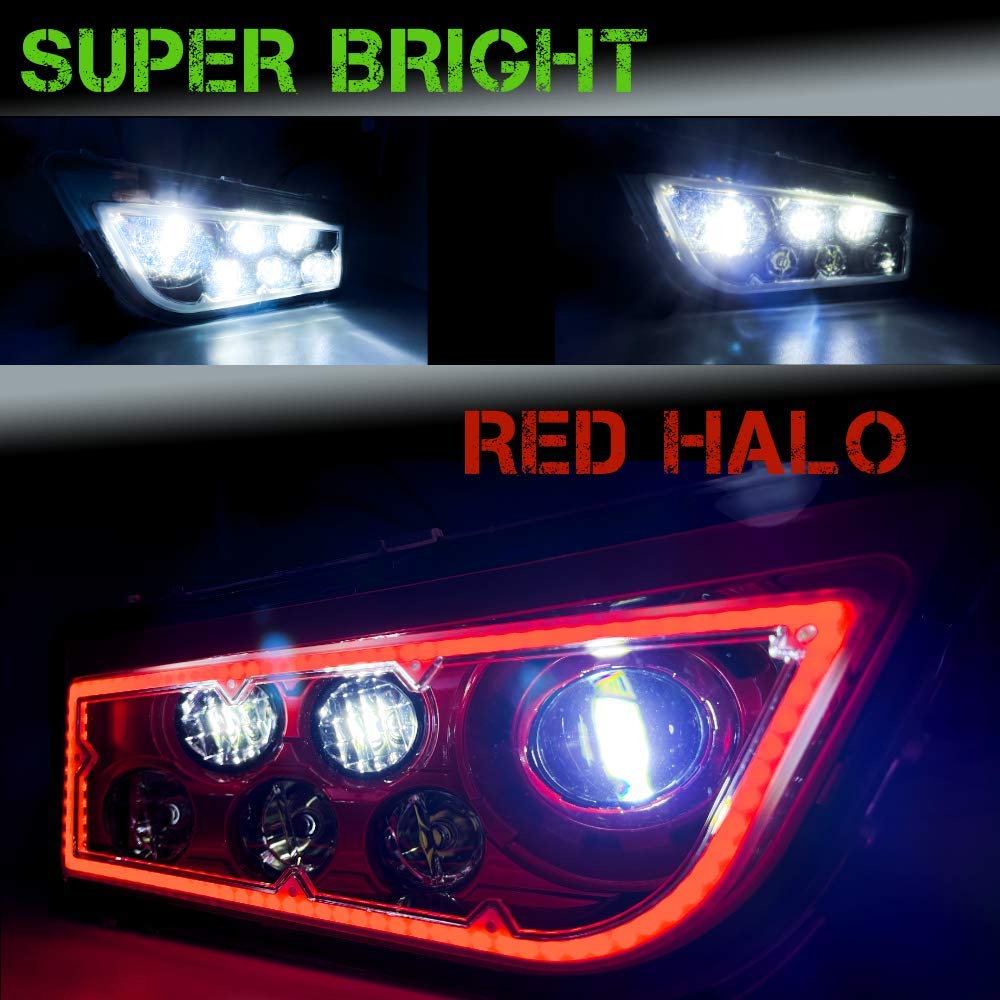 Premium SLK-Lights RZR LED Headlight Kit - Compatible with Polaris General & RZR 900s/1000 XP Turbo (2015-2021 Models) - Red Halo Ring - High Performance Off-Road Lighting for Night Trail Riding & Dune Bashing