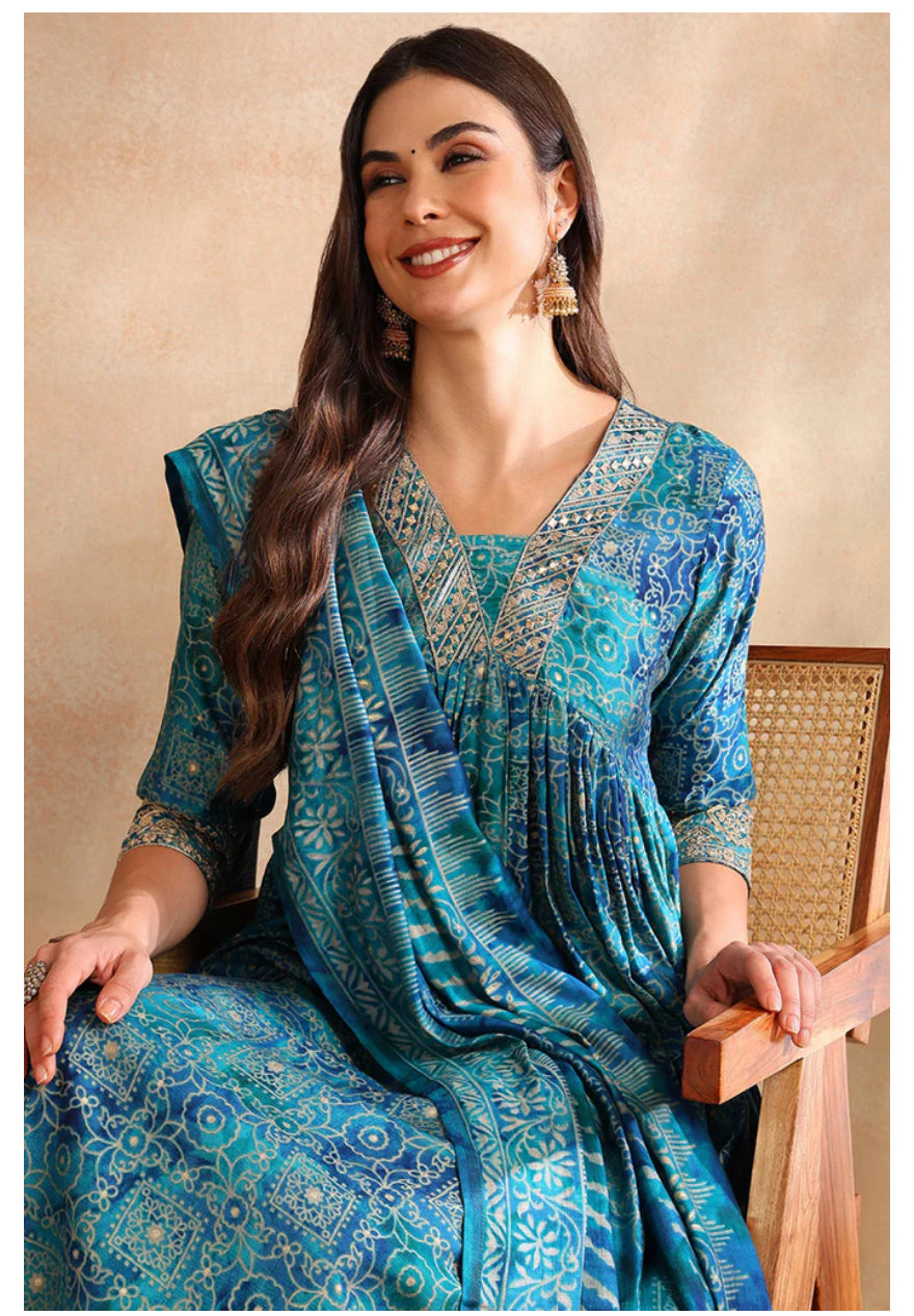 Teal Silk Blend Ethnic Motifs Printed Flared Kurta Set for Women | Indian Traditional Outfit | Perfect for Festivals, Weddings & Cultural Events