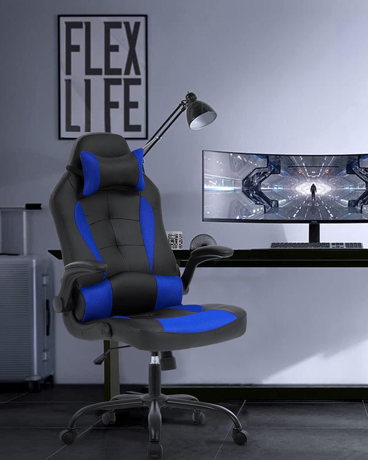 Ergonomic Gaming Office Chair with Adjustable Armrests, Headrest & Lumbar Support - High Back PU Leather Racing Computer Desk Chair for Home & Work (Blue) - Perfect for Long Gaming Sessions, Remote Work & Home Office Comfort
