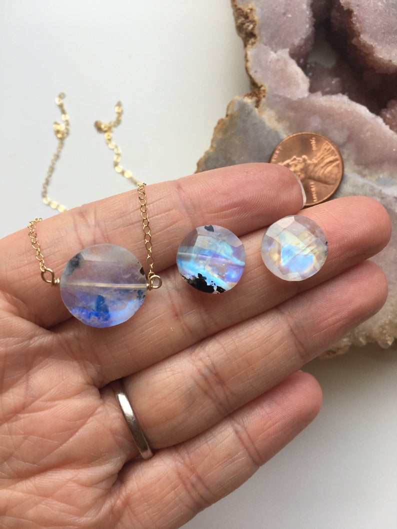 Full Moon Rainbow Moonstone Necklace - Sterling Silver or 14k Gold Filled Chain - Elegant Boho Jewelry for Women, Perfect for Everyday Wear, Meditation & Spiritual Healing