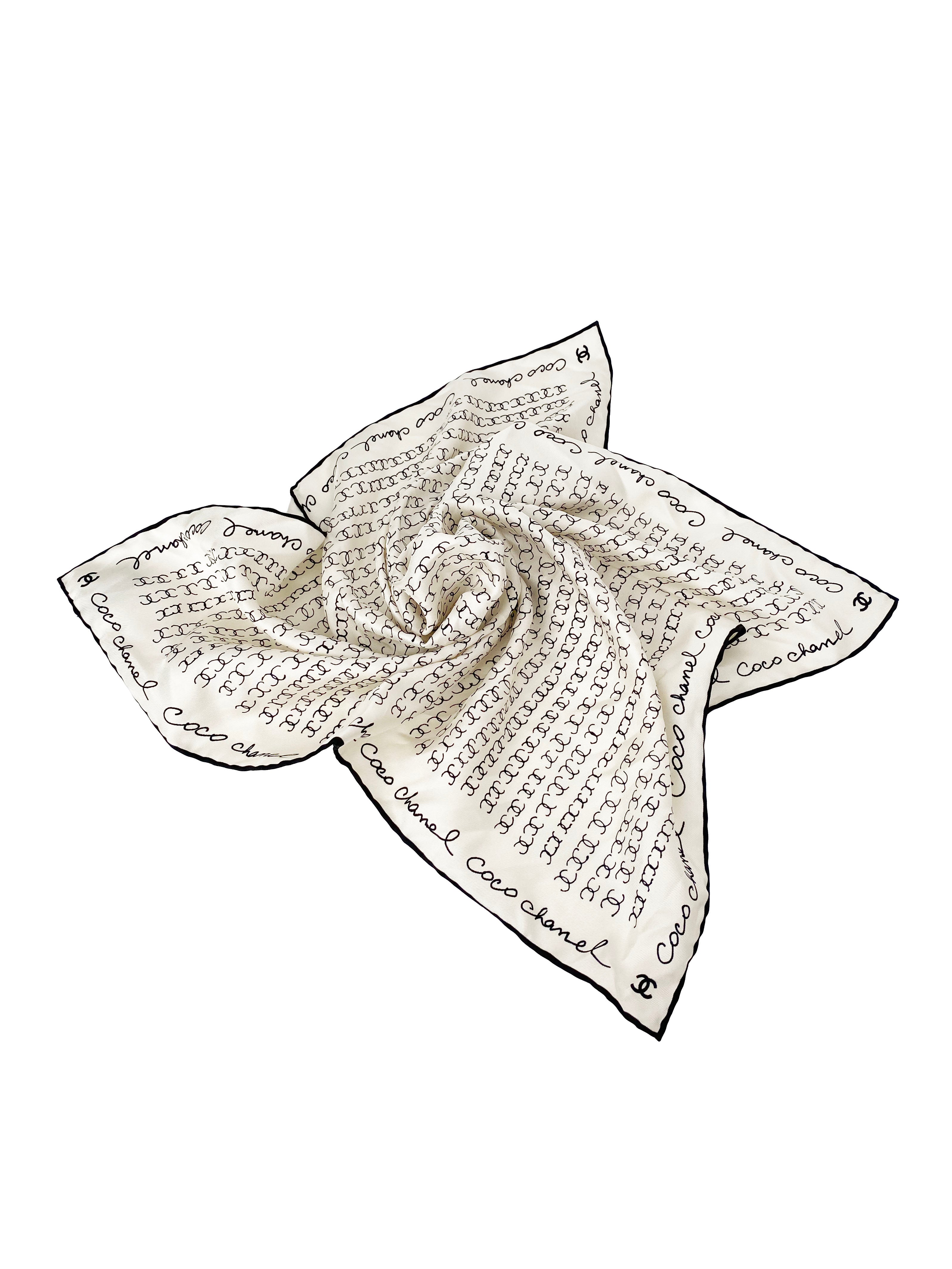 Chanel White and Black Silk Scrunchie & Headscarf Set - Luxury Hair Accessories for Women, Elegant Headband & Ponytail Holder - Perfect for Parties, Weddings, and Everyday Fashion