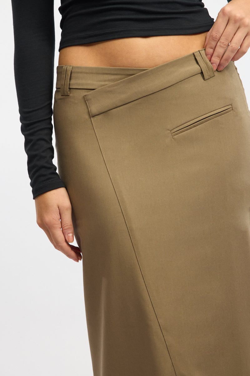 Beige Crossover Midaxi Skirt with Pockets - Mid Waist Flowy Skirt for Women | Perfect for Office, Date Night & Casual Outings
